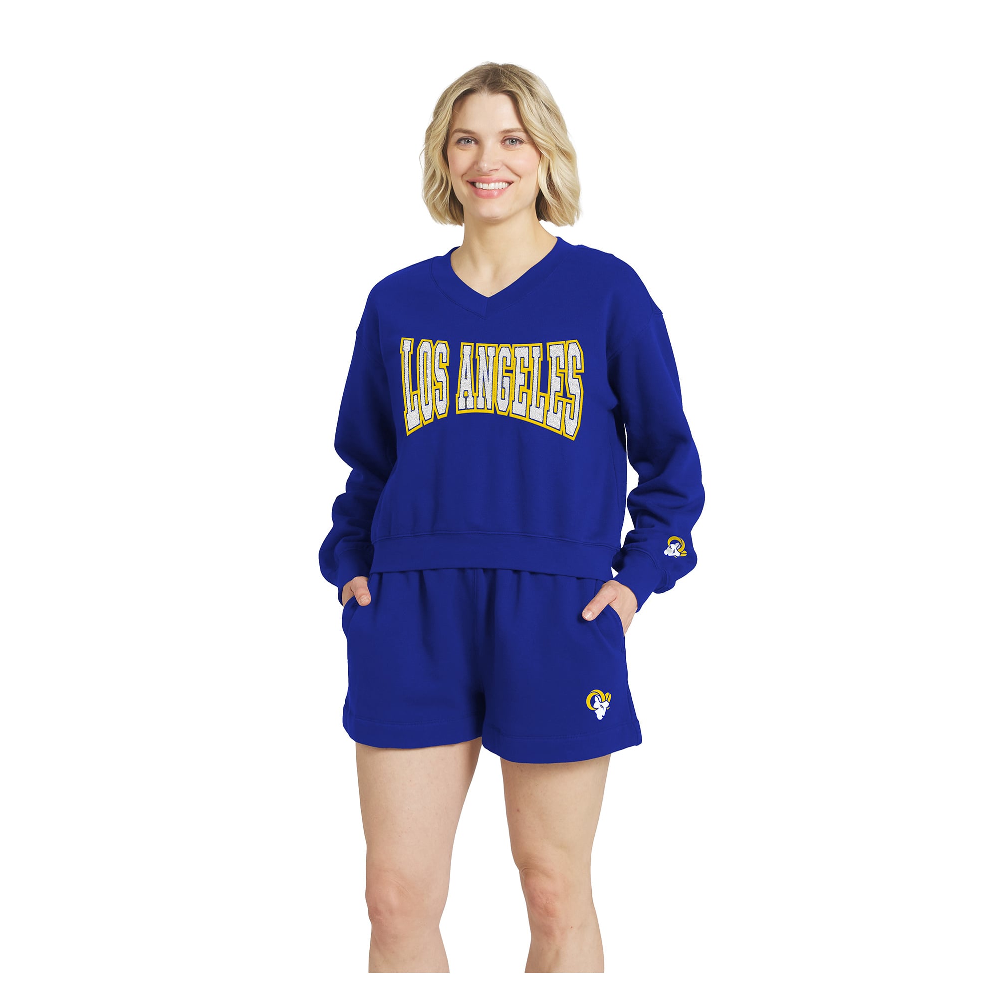 Women's WEAR by Erin Andrews Royal Los Angeles Rams Fleece V-Neck Lounge Set