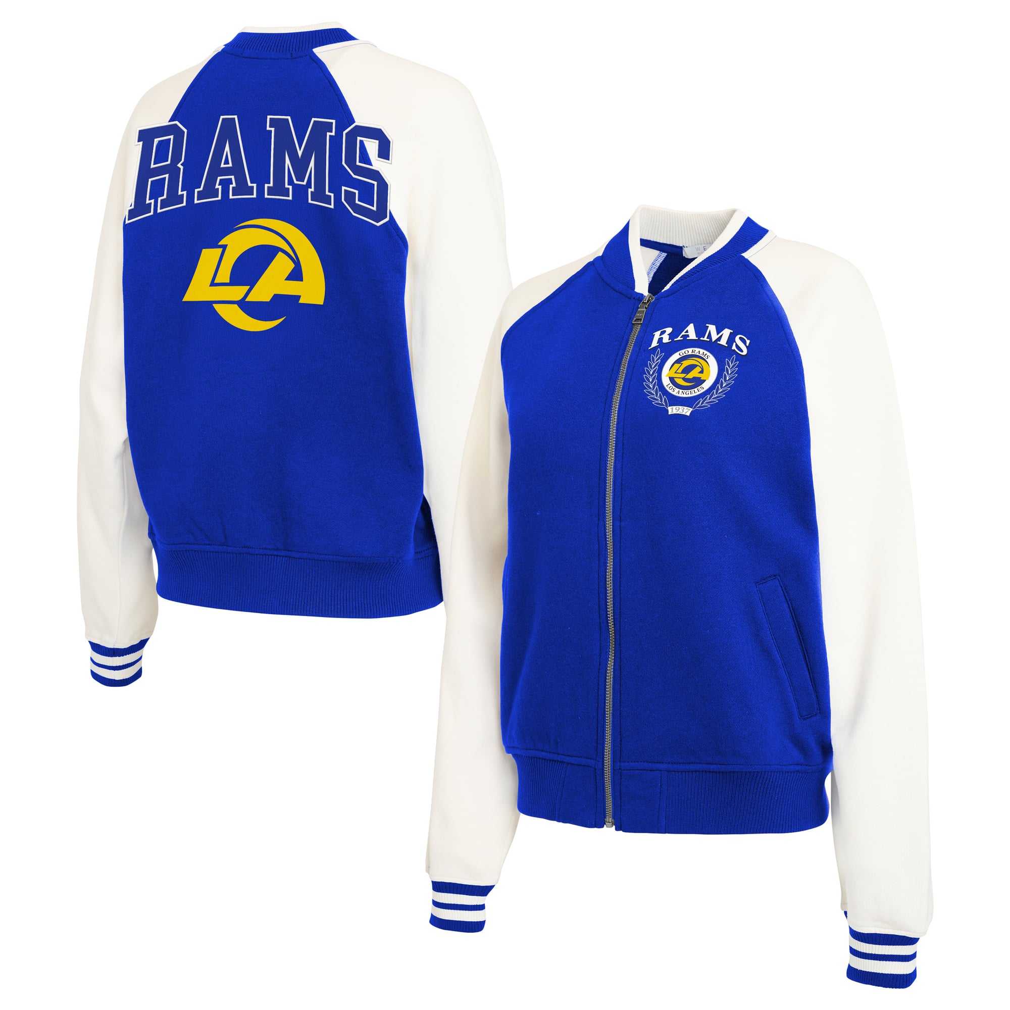 Women's WEAR by Erin Andrews Royal Los Angeles Rams Throwback Varsity Fleece Raglan Full-Zip Jacket