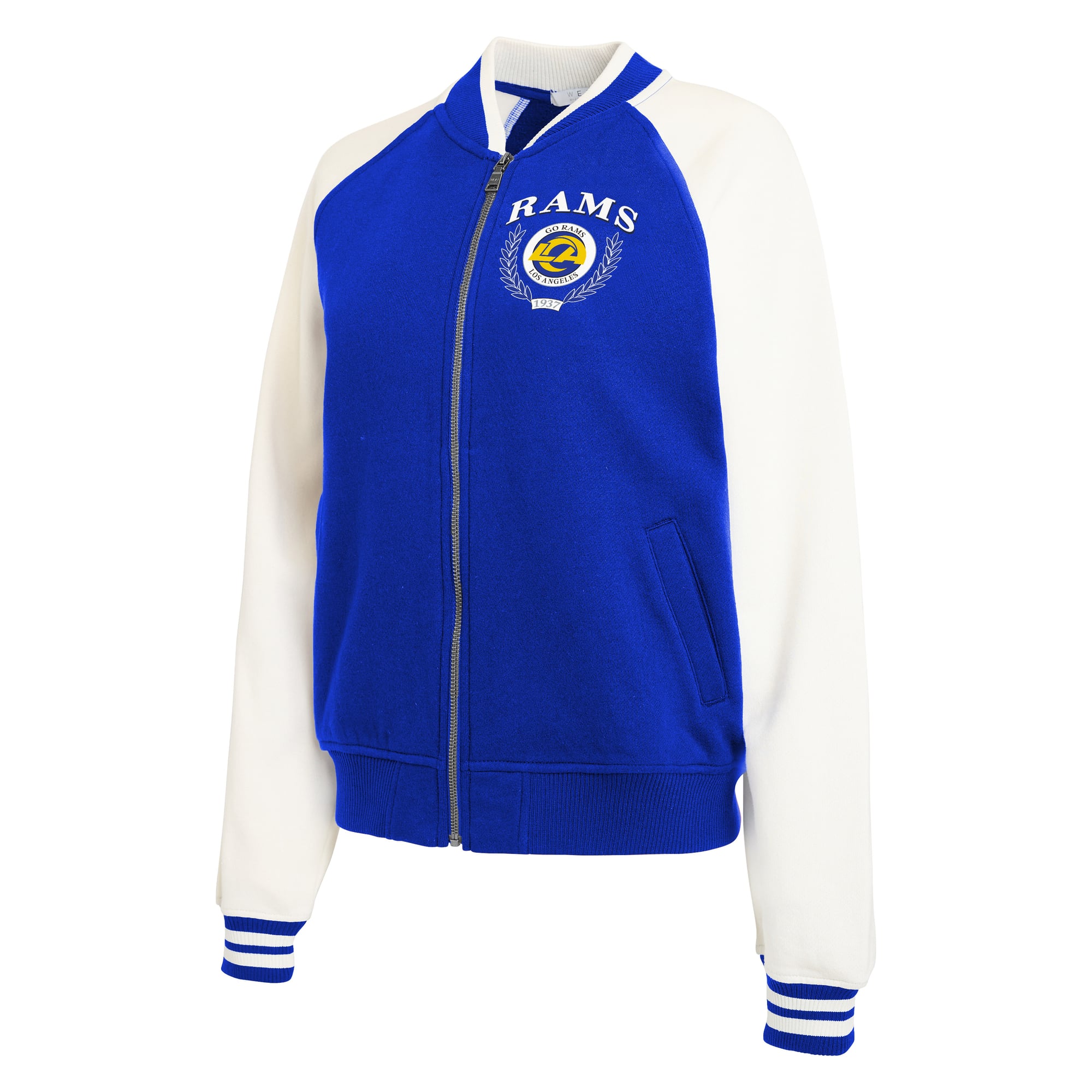 Women's WEAR by Erin Andrews Royal Los Angeles Rams Throwback Varsity Fleece Raglan Full-Zip Jacket