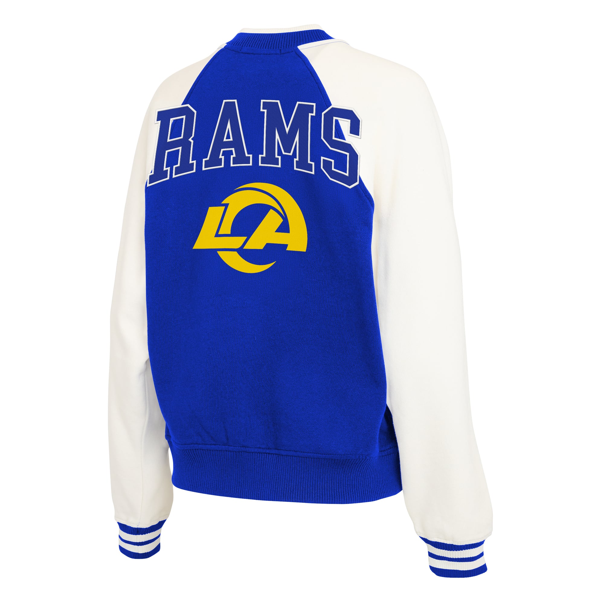 Women's WEAR by Erin Andrews Royal Los Angeles Rams Throwback Varsity Fleece Raglan Full-Zip Jacket