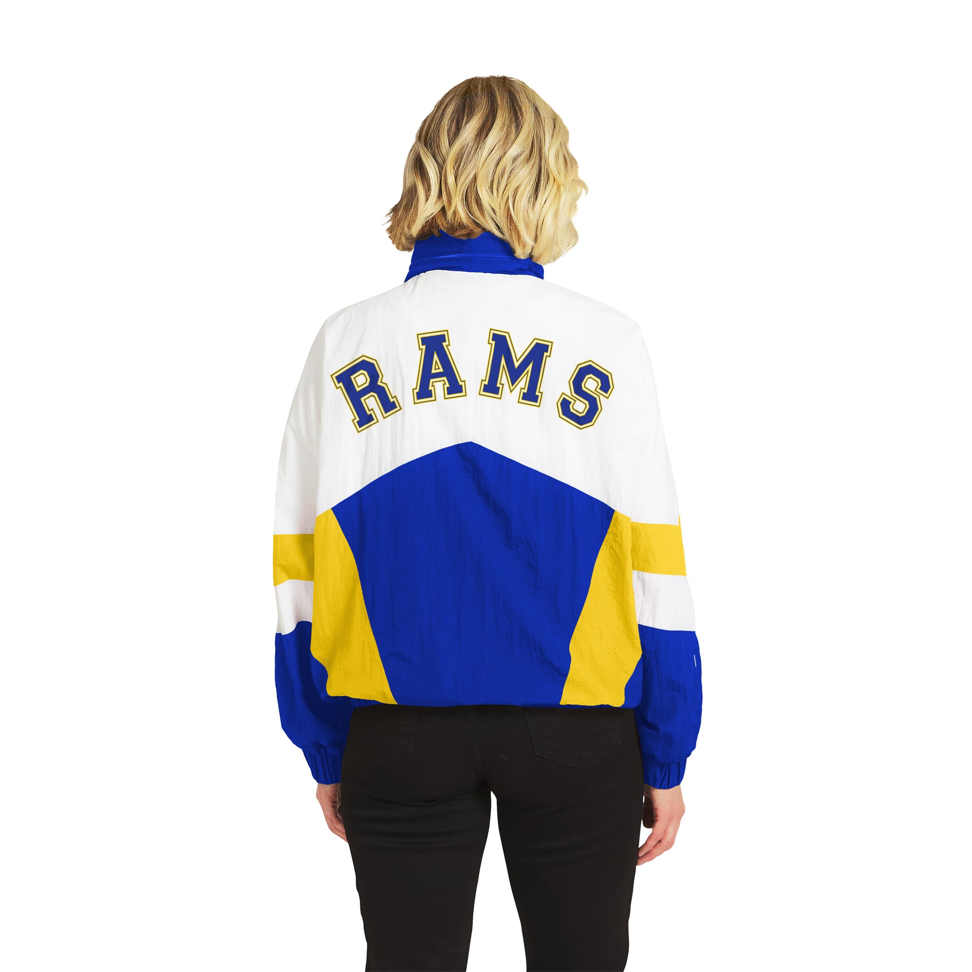 Women's WEAR by Erin Andrews White/Royal Los Angeles Rams Crinkle Full-Snap Hooded Windbreaker Jacket