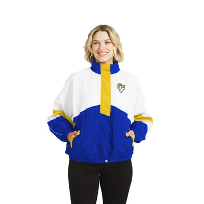  Los Angeles Rams WEAR by Erin Andrews Women's Crinkle Full-Snap Hooded Windbreaker Jacket - White/Royal