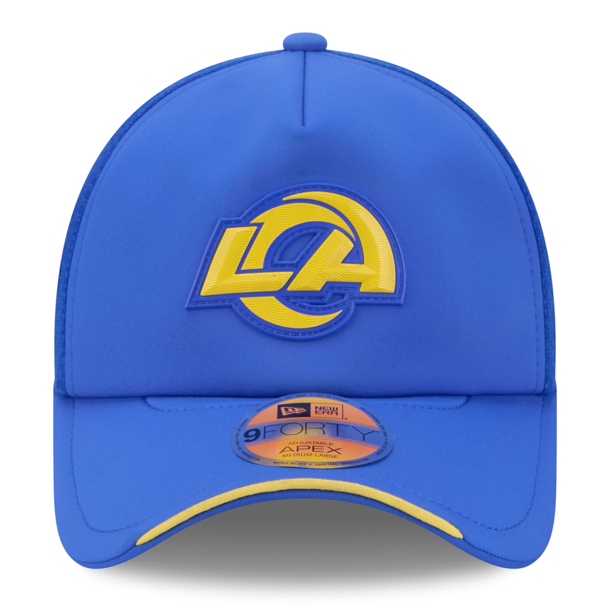 Youth New Era Royal Los Angeles Rams 2026 Sideline Apex 9FORTY Adjustable Trucker Hat