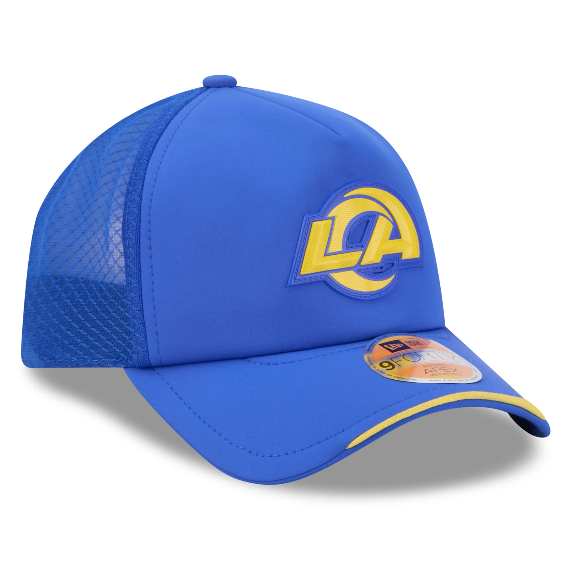 Youth New Era Royal Los Angeles Rams 2026 Sideline Apex 9FORTY Adjustable Trucker Hat