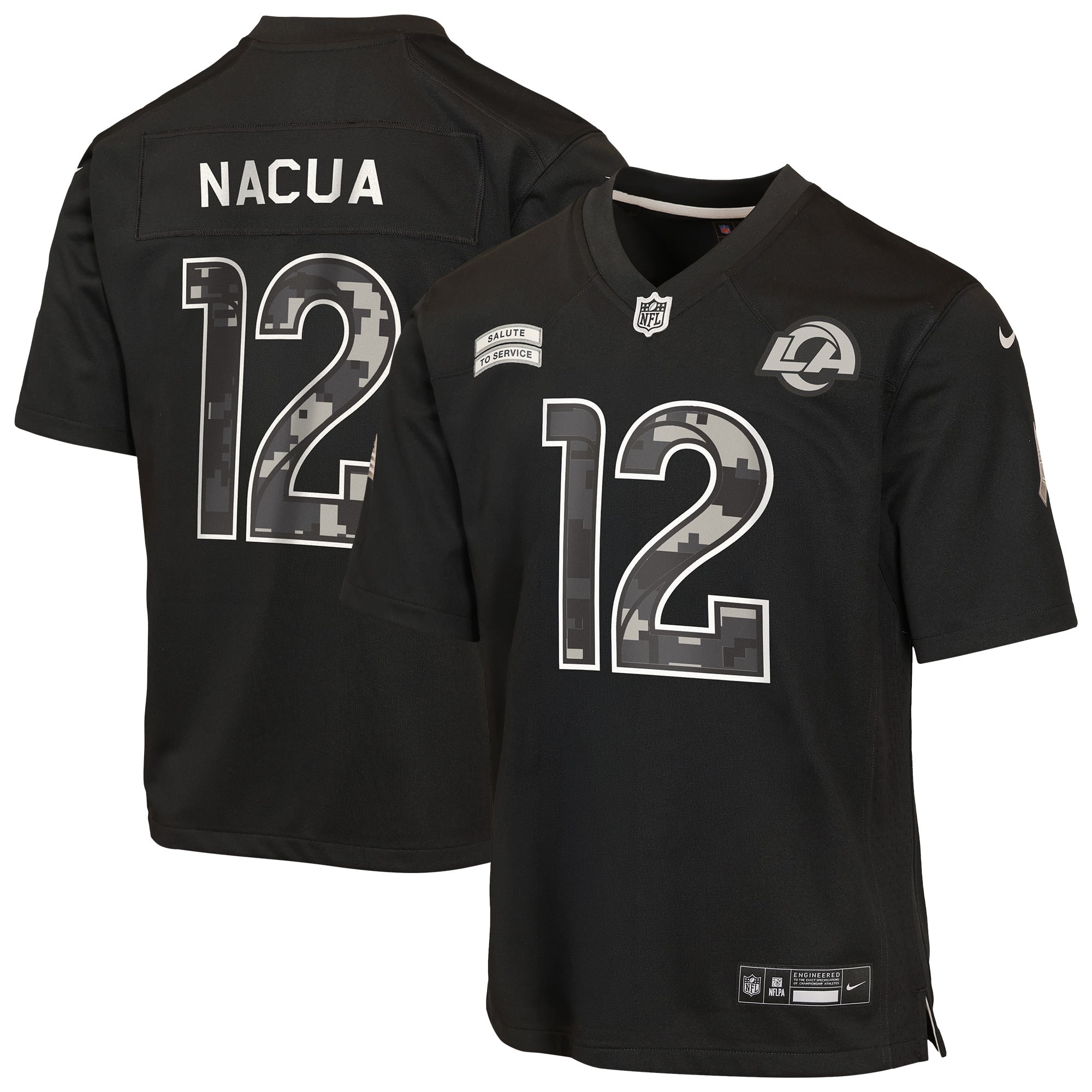 Maillot Nike Puka Nacua noir pour enfant, Los Angeles Rams, édition spéciale 2026 « Salute to Service ».