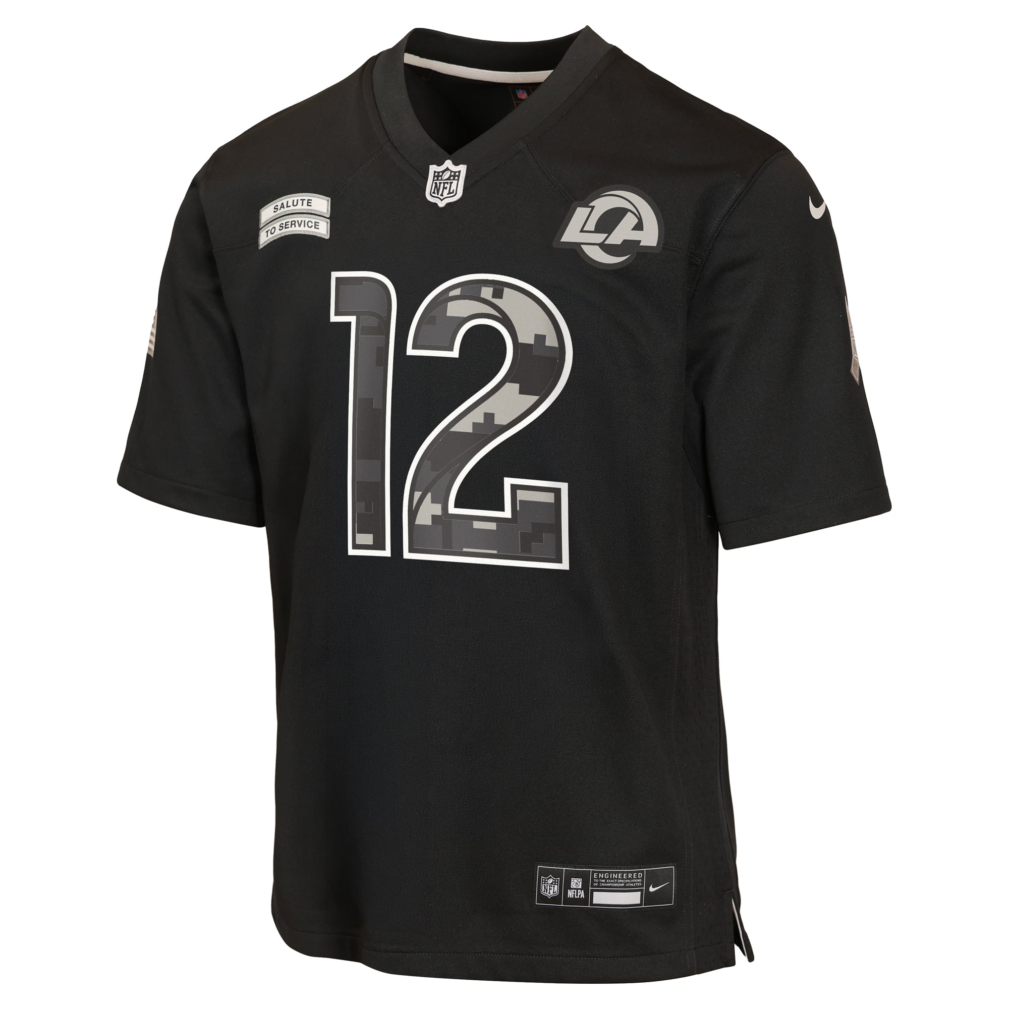 Maillot Nike Puka Nacua noir pour enfant, Los Angeles Rams, édition spéciale 2026 « Salute to Service ».