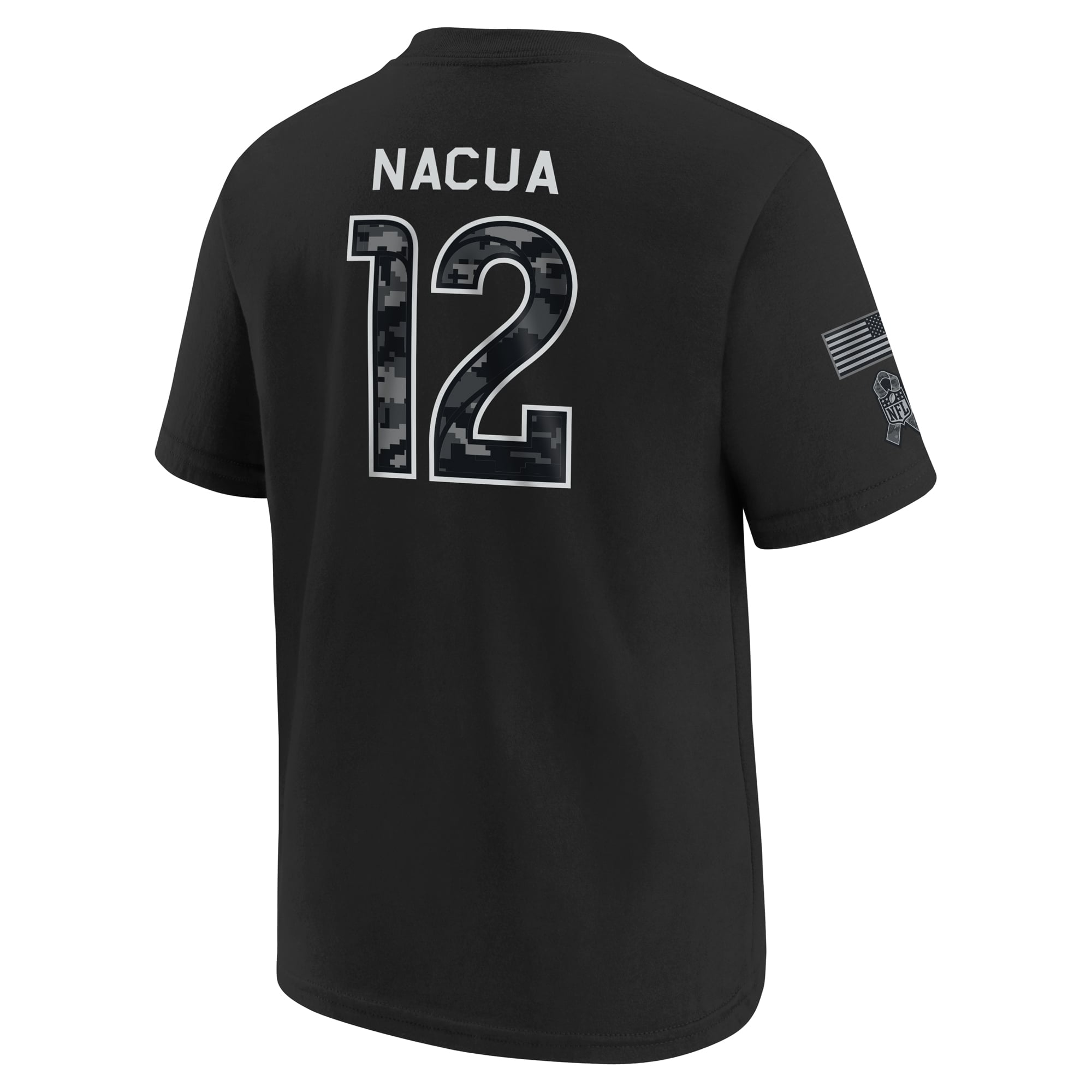T-shirt Nike Puka Nacua noir pour enfant, Los Angeles Rams 2026, hommage aux forces armées, nom et numéro