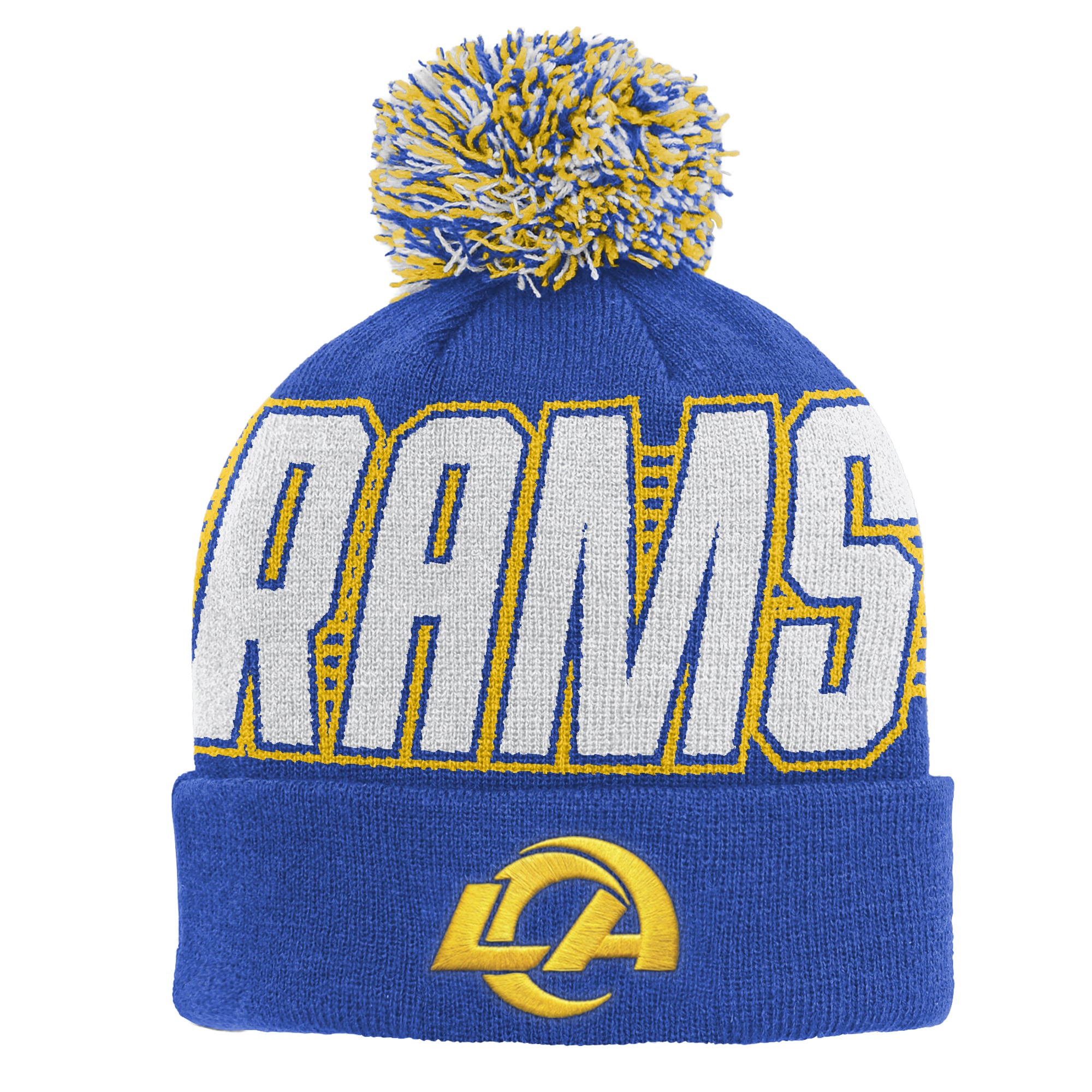 Bonnet tricoté à revers avec pompon, modèle Royal Los Angeles Rams, pour enfant de la marque Outerstuff.