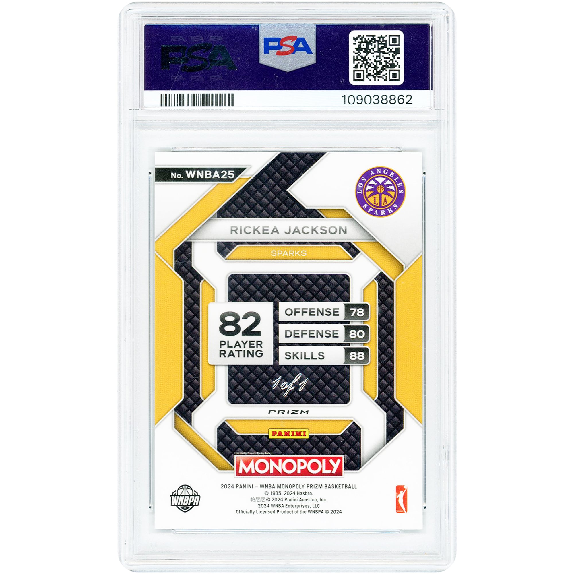 Rickea Jackson Los Angeles Sparks 2024 Panini Prizm Monopoly WNBA Black Prizm #25 #1/1 PSA Authenticated 10 Rookie Card