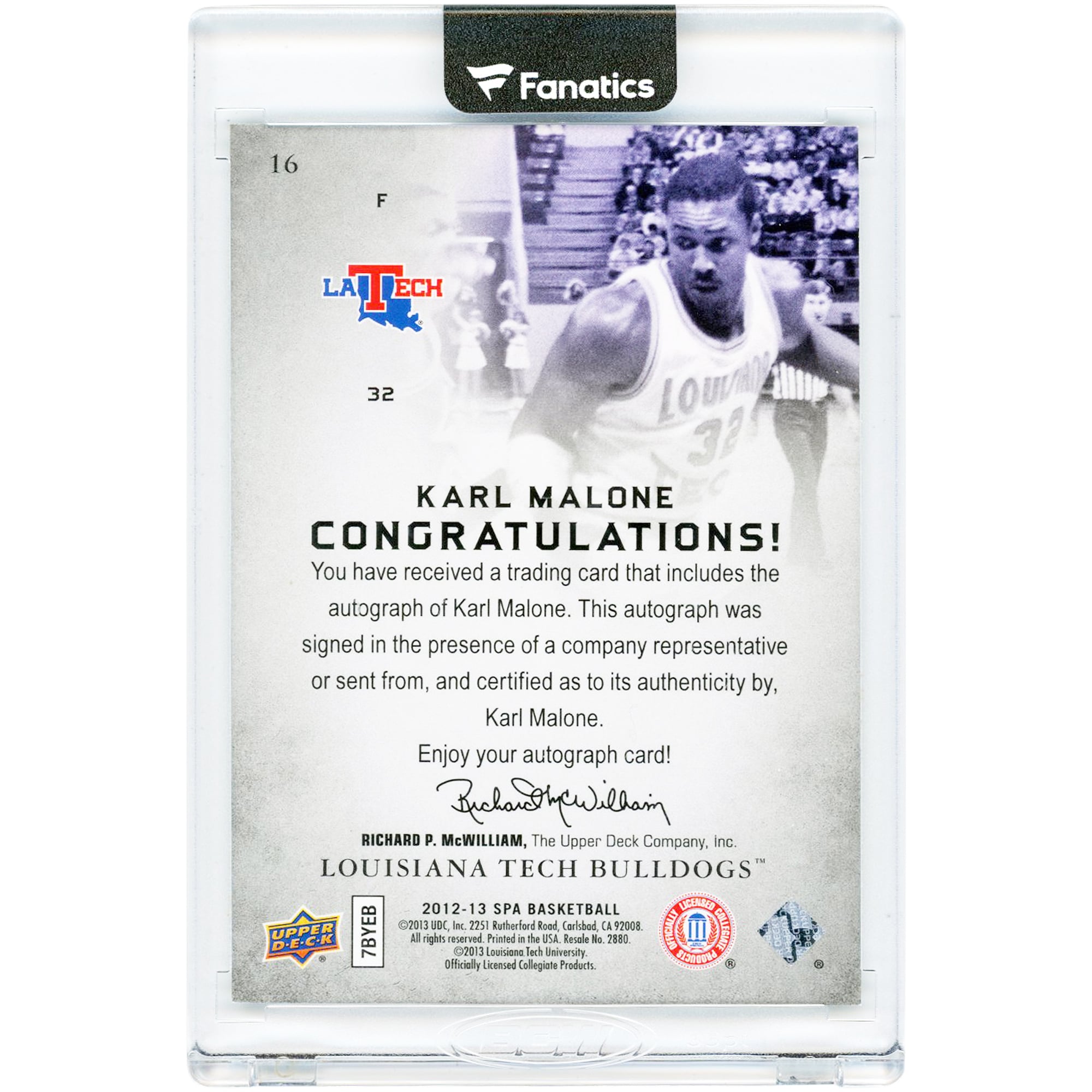 Karl Malone Louisiana Tech Bulldogs Autographed 2012-13 Upper Deck SP Authentic #16 Card