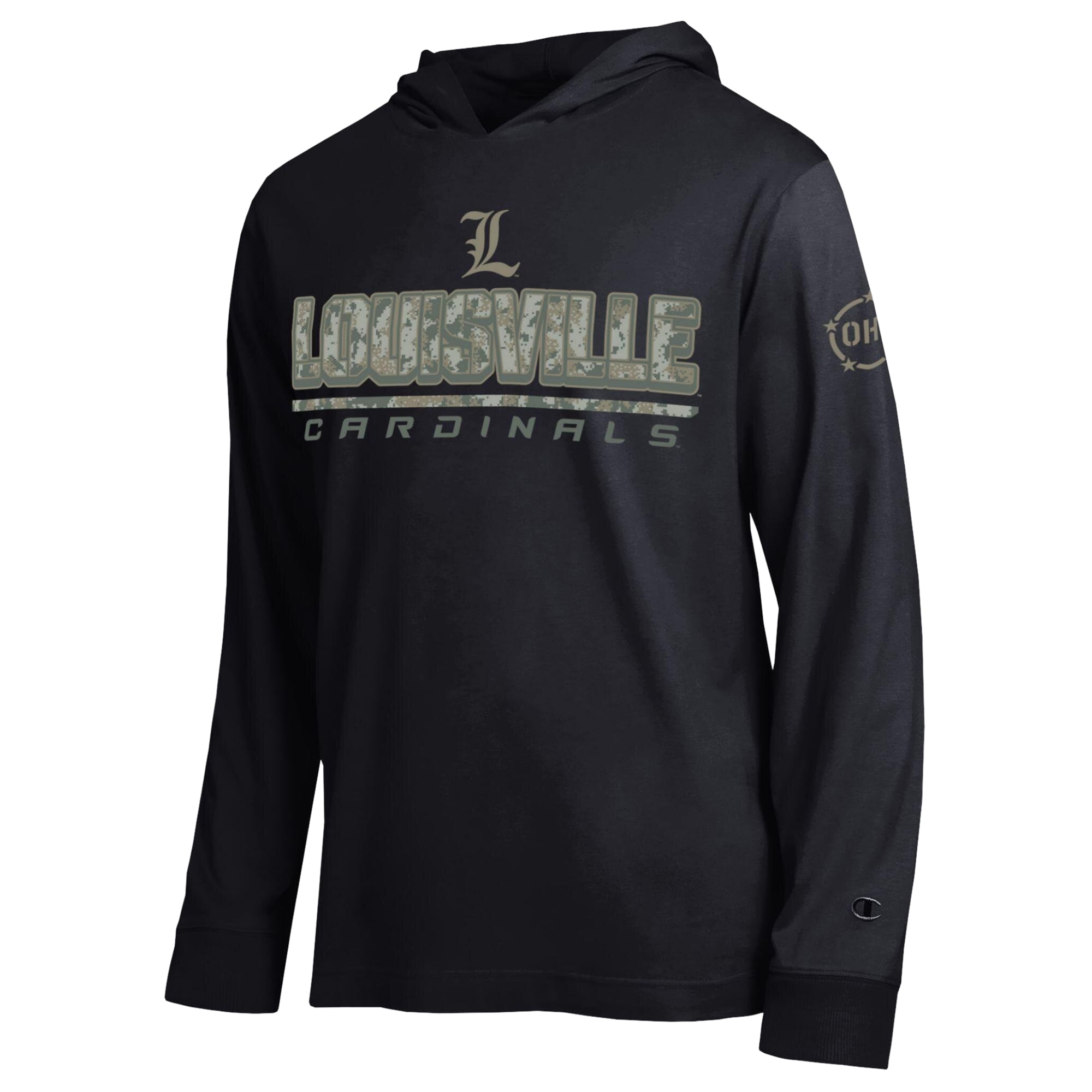 T-shirt à manches longues et capuche Champion noir Louisville Cardinals Operation Hat Trick Camo Script pour homme