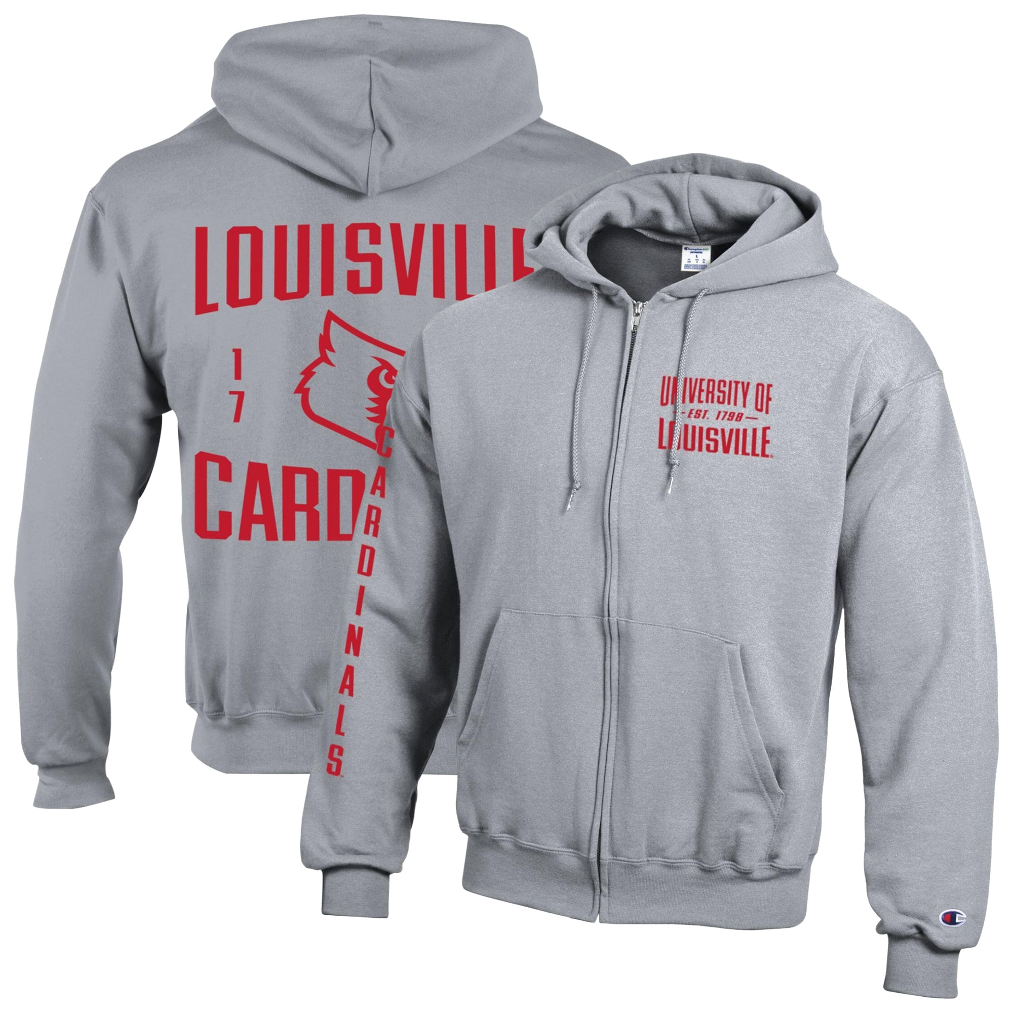 Men's Champion Heather Gray Louisville Cardinals Varsity Powerblend Full-Zip Fleece Hoodie