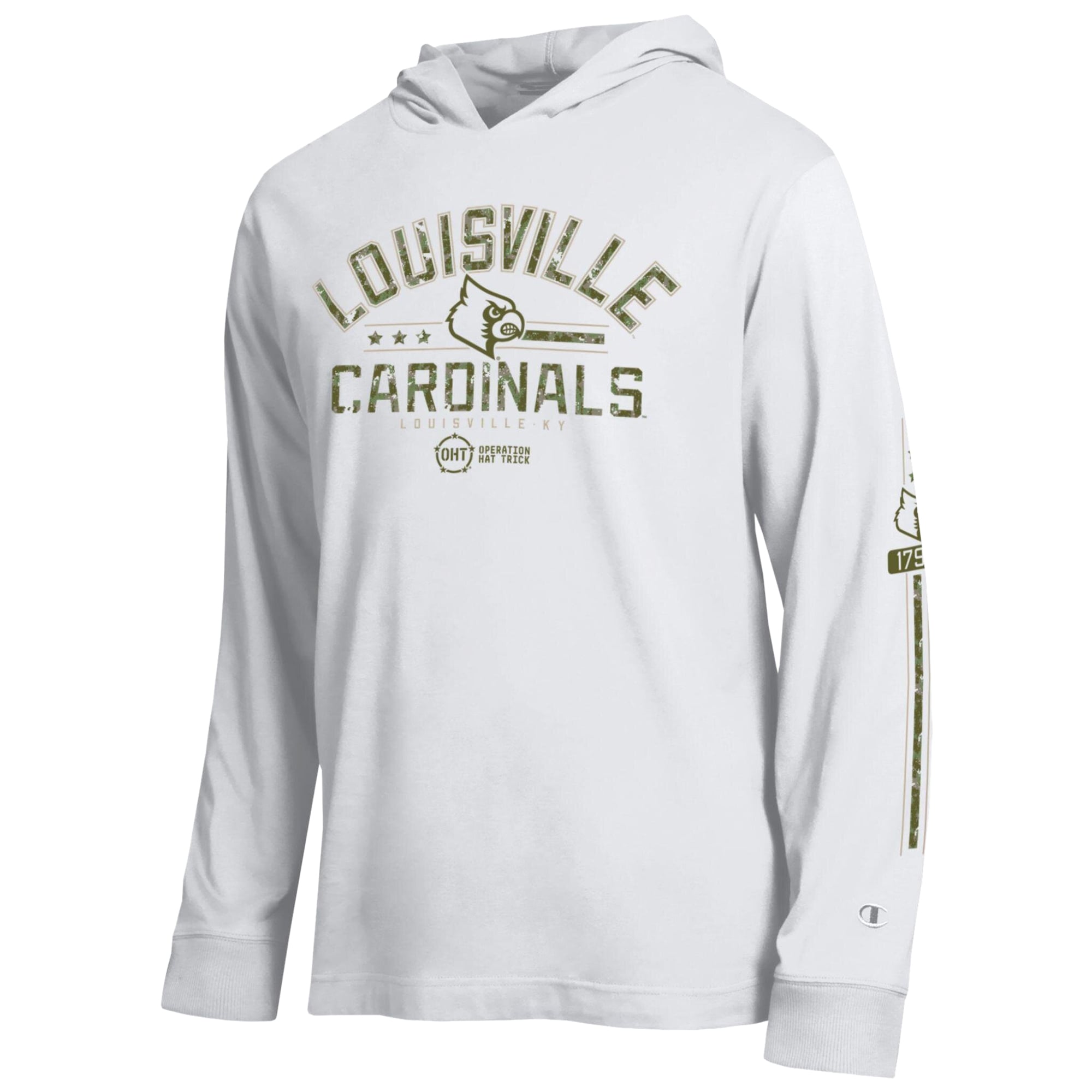 Men's Champion White Louisville Cardinals Operation Hat Trick Sleeve Line Hooded Long T-Shirt