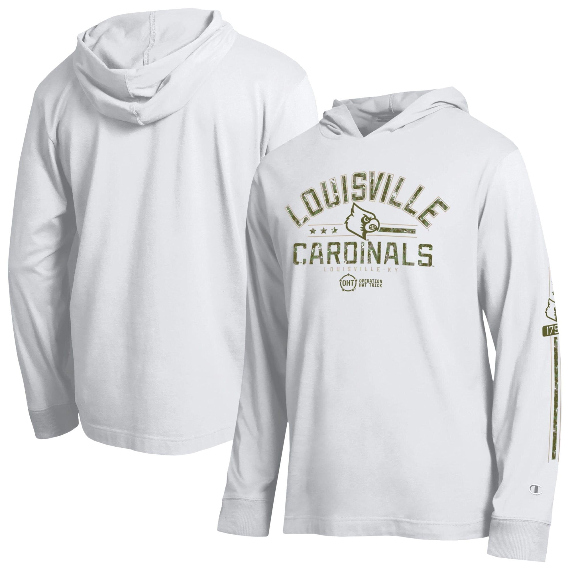Men's Champion  White Louisville Cardinals Operation Hat Trick Sleeve Line Hooded Long T-Shirt
