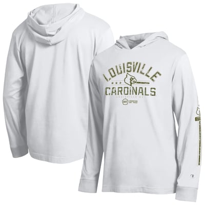 Louisville Cardinals Champion Operation Hat Trick Sleeve Line Hooded Long Sleeve T-Shirt - White