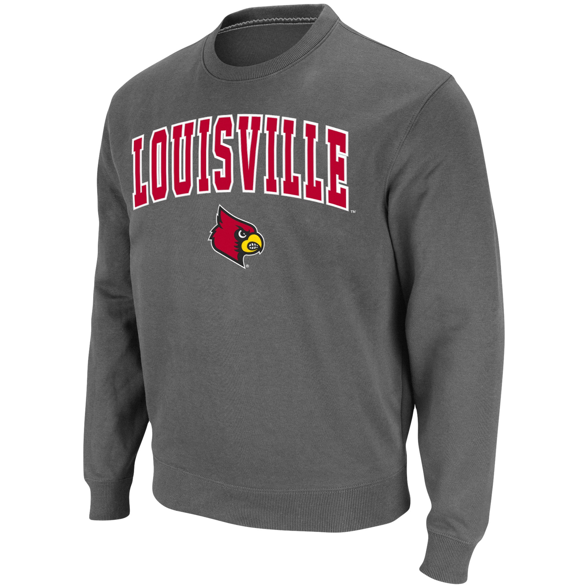 Sweat-shirt à col rond Colosseum gris chiné pour homme, avec logo et arche des Louisville Cardinals.