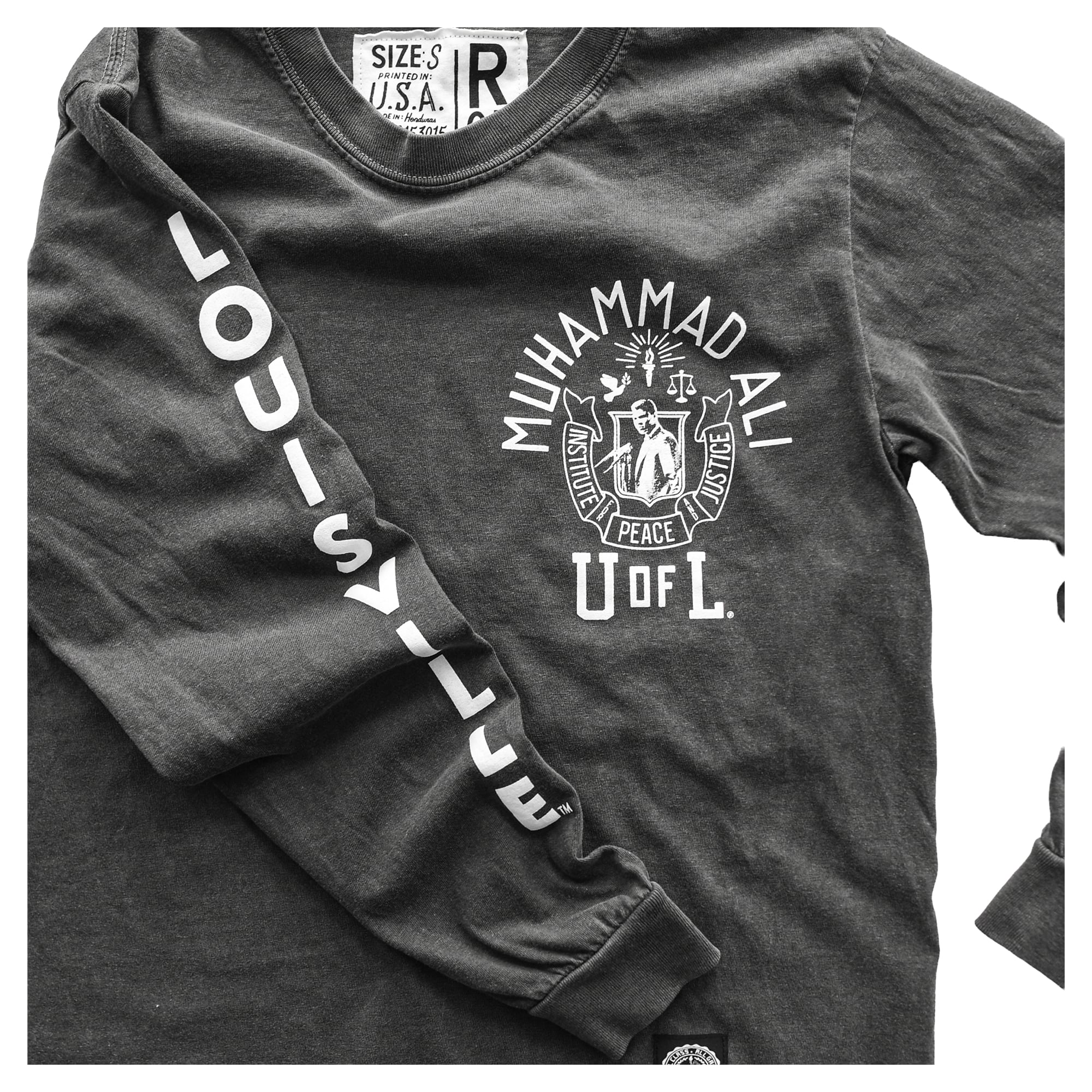 Unisex Roots of Fight x Louisville Cardinals Muhammad Ali Charcoal Peace & Justice Long Sleeve T-Shirt
