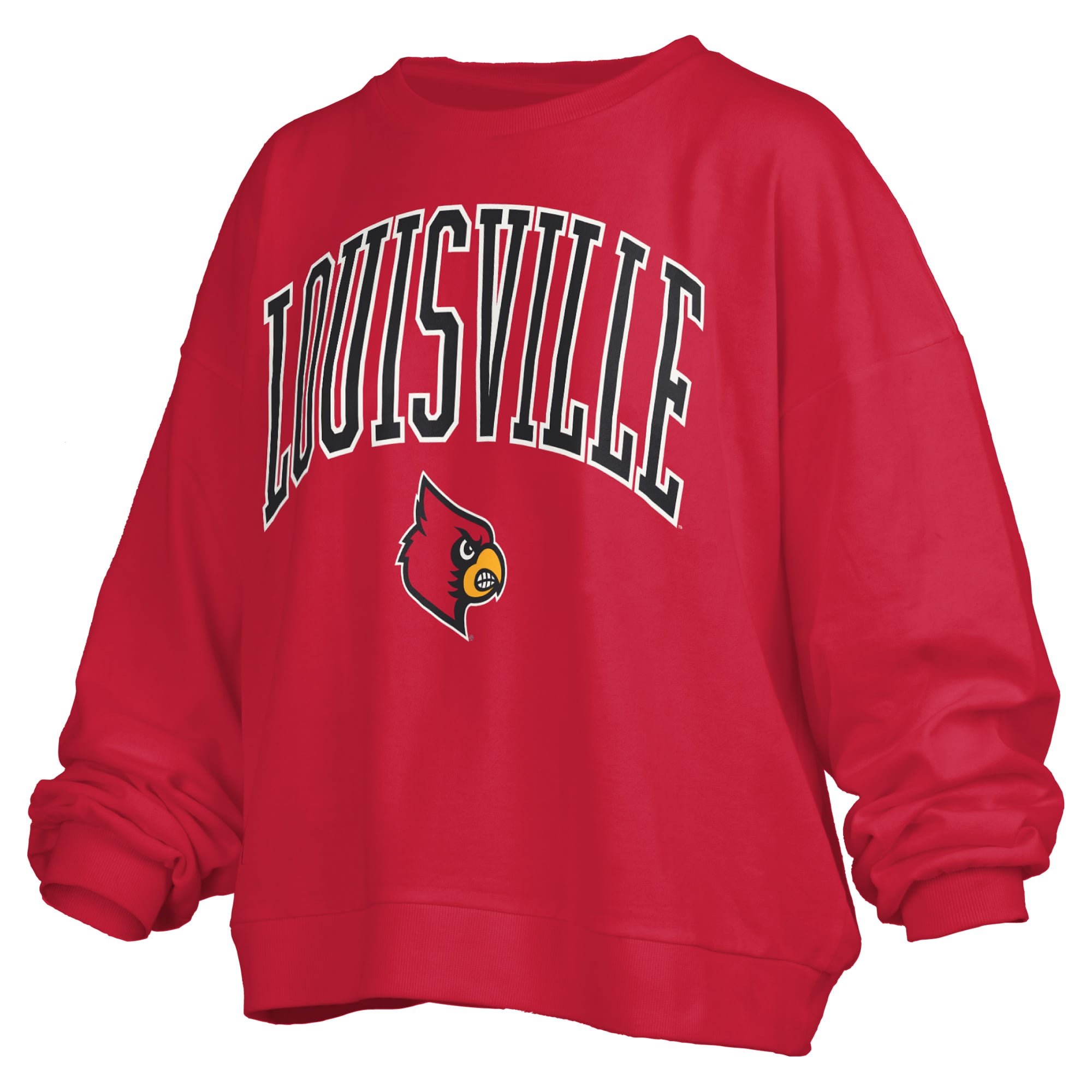 Women's Pressbox Red Louisville Cardinals Oversized Janise Arch Over Logo Fleece Sweatshirt
