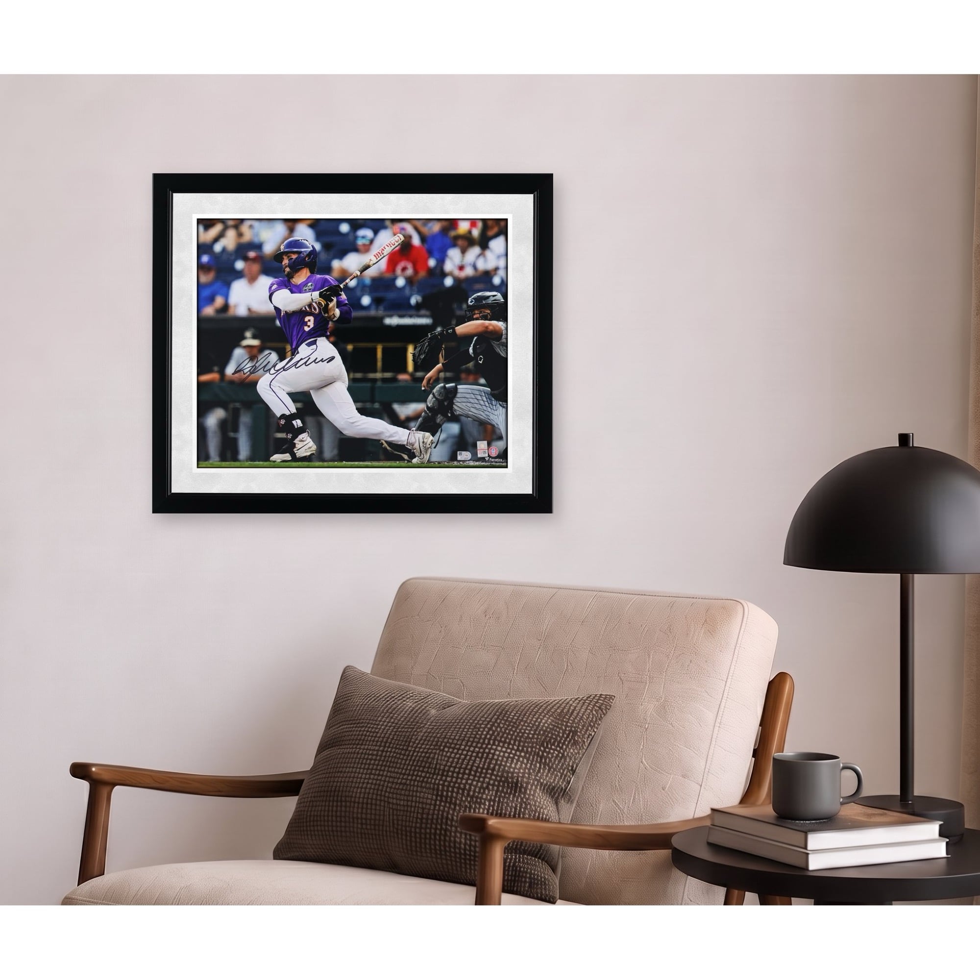 Photo de Dylan Crews (LSU Tigers) autographiée (40,6 x 50,8 cm) en train de frapper