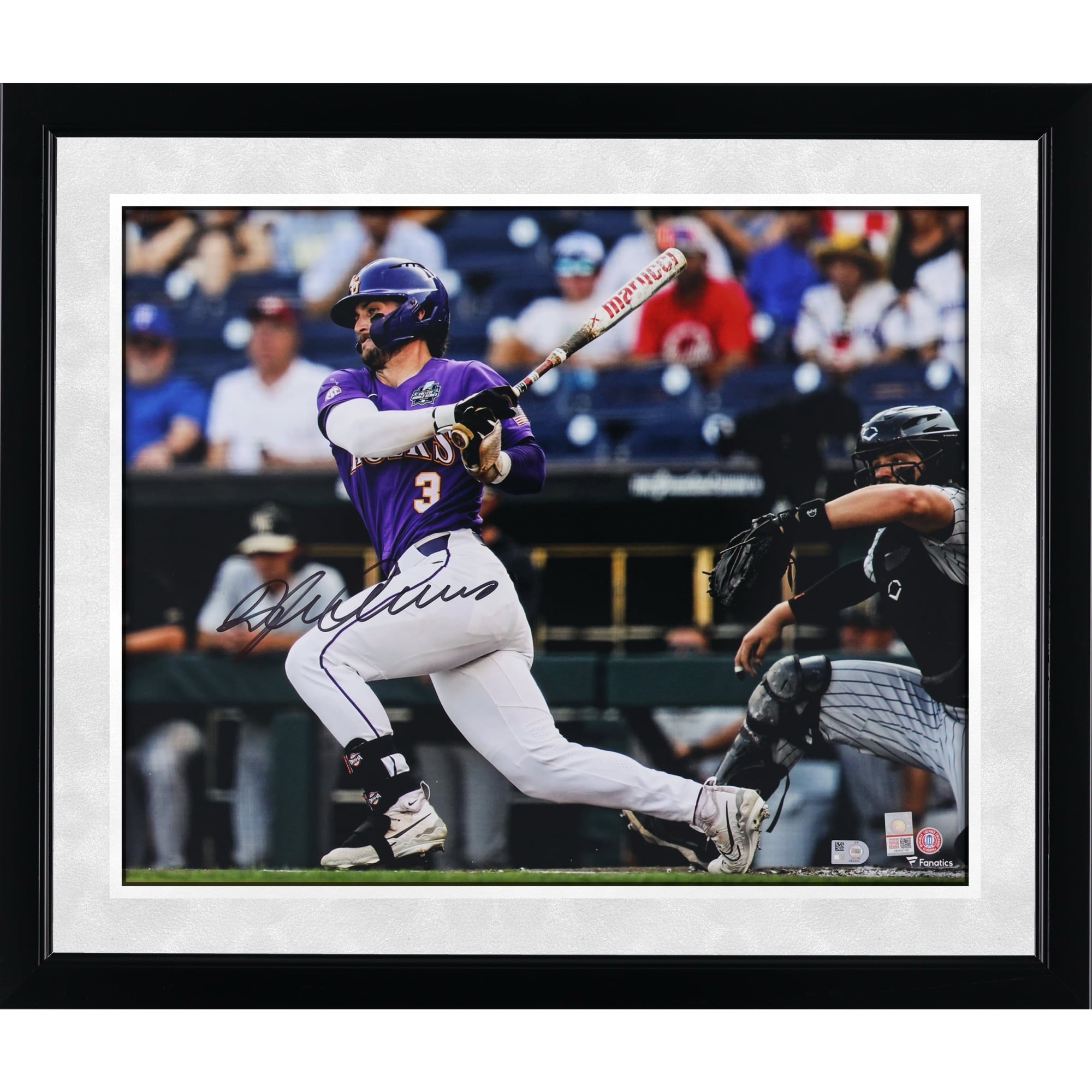 Photo de Dylan Crews (LSU Tigers) autographiée (40,6 x 50,8 cm) en train de frapper