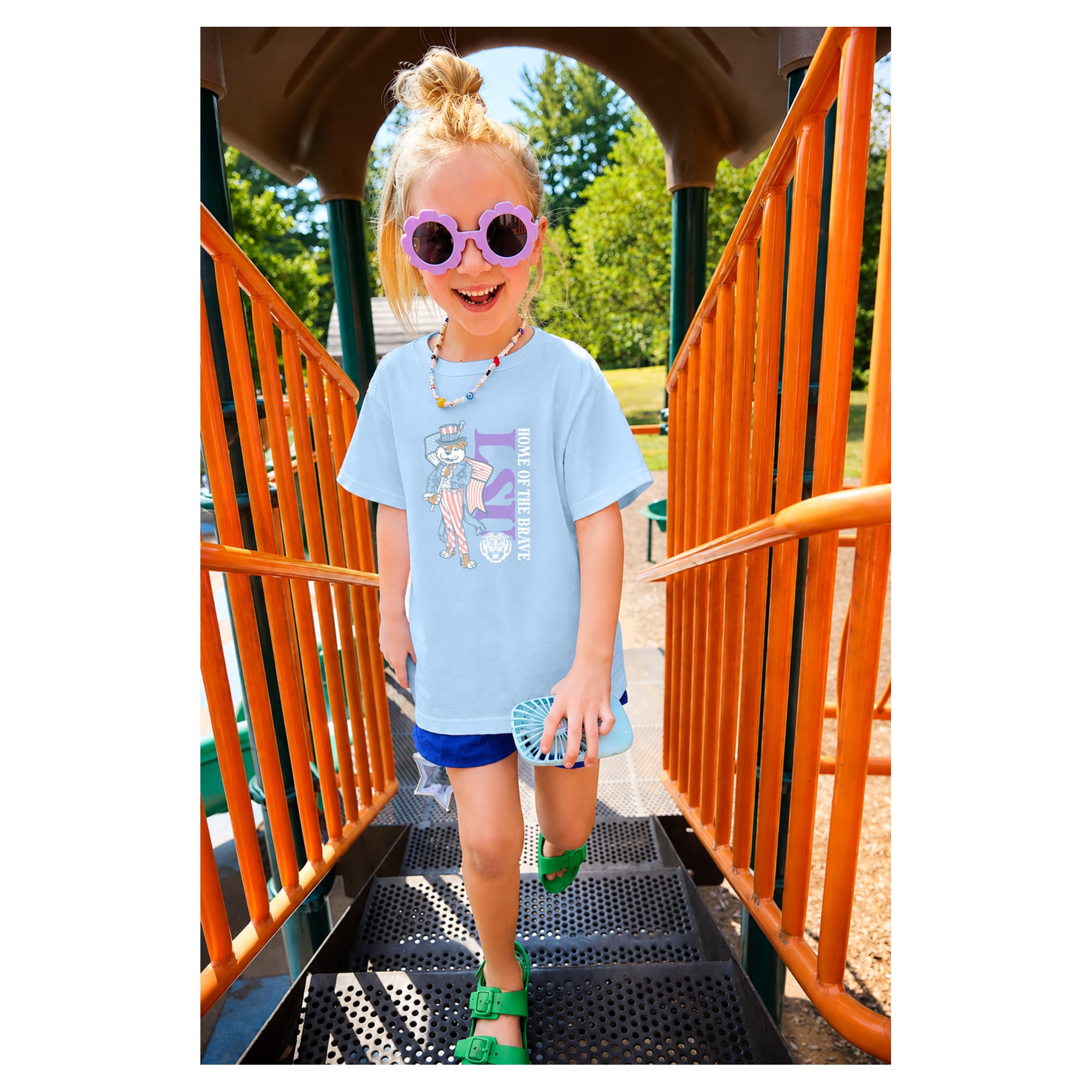 Girls Youth  Light Blue LSU Tigers Americana Mascot Flag T-Shirt