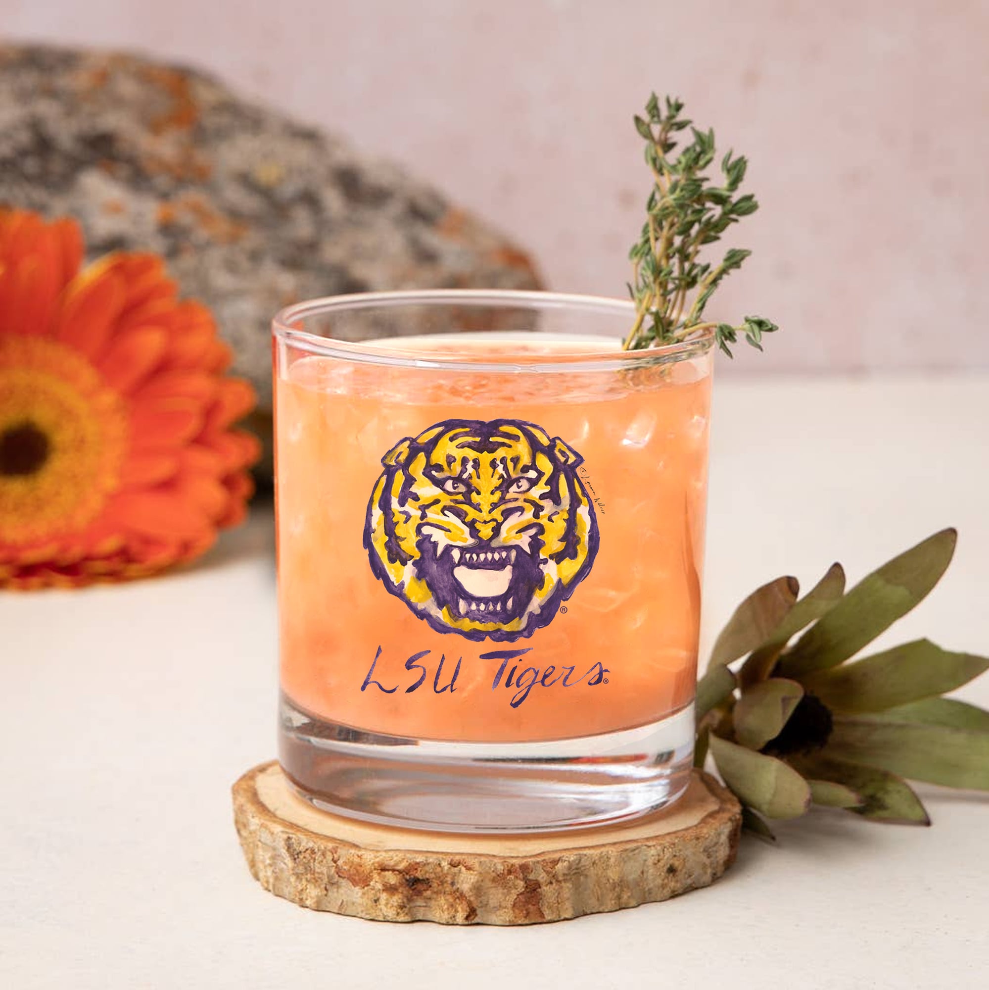Indigo Falls  LSU Tigers Laura Wilcox Mascot Rocks Glass Set of 2