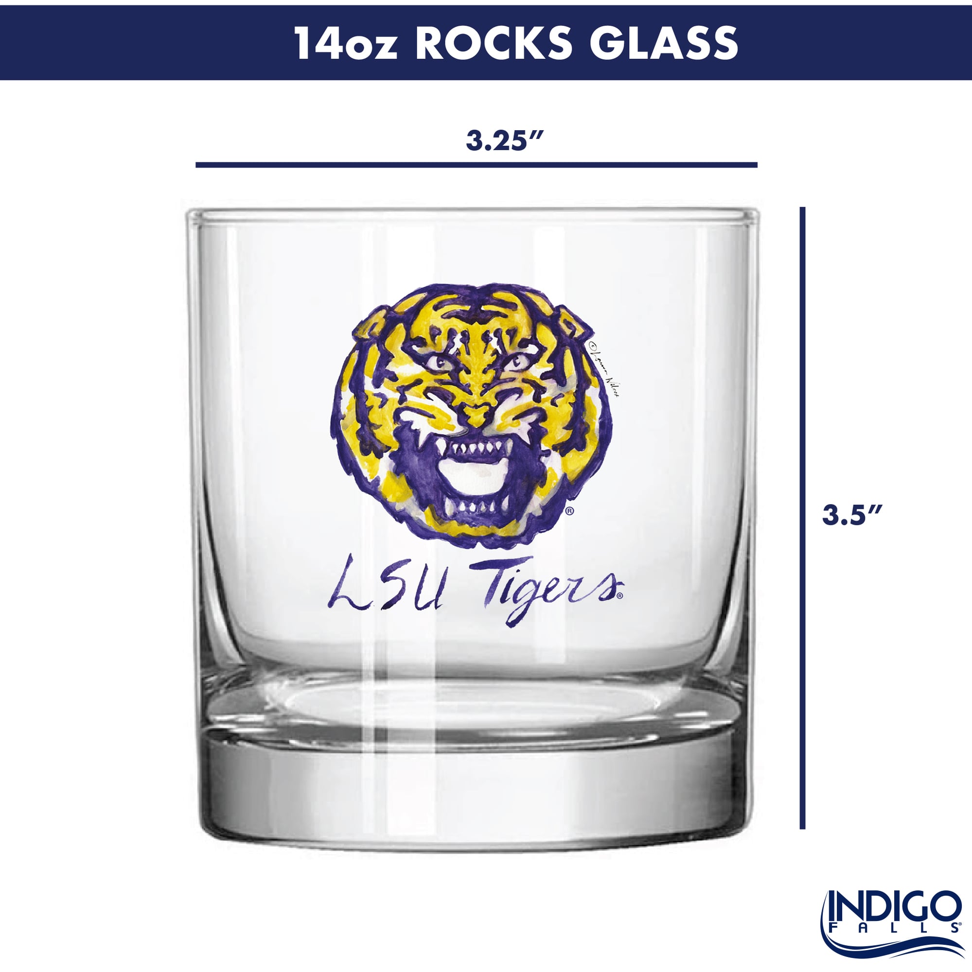 Indigo Falls  LSU Tigers Laura Wilcox Mascot Rocks Glass Set of 2