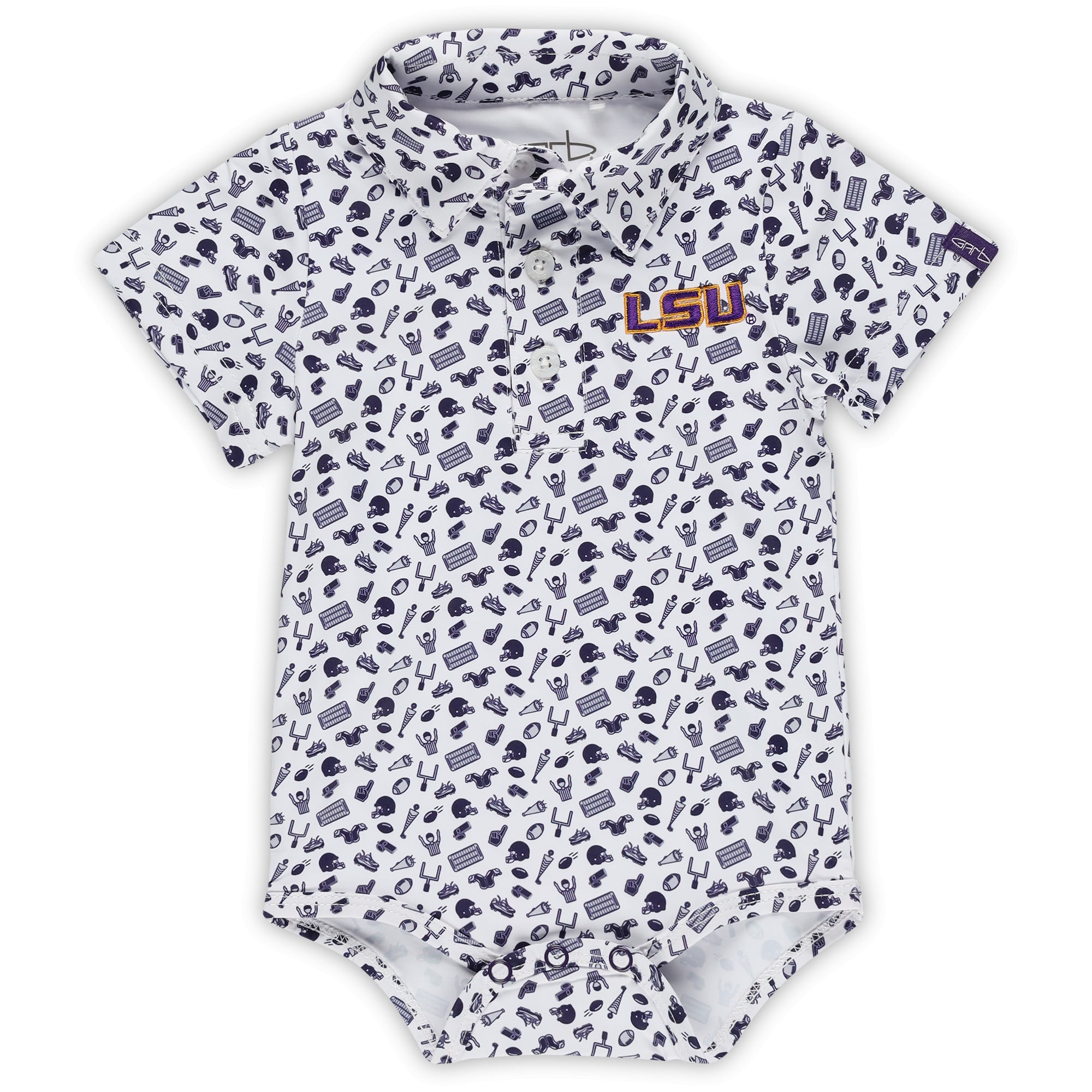 Infant Garb White LSU Tigers Tom Allover Print Performance Polo Bodysuit