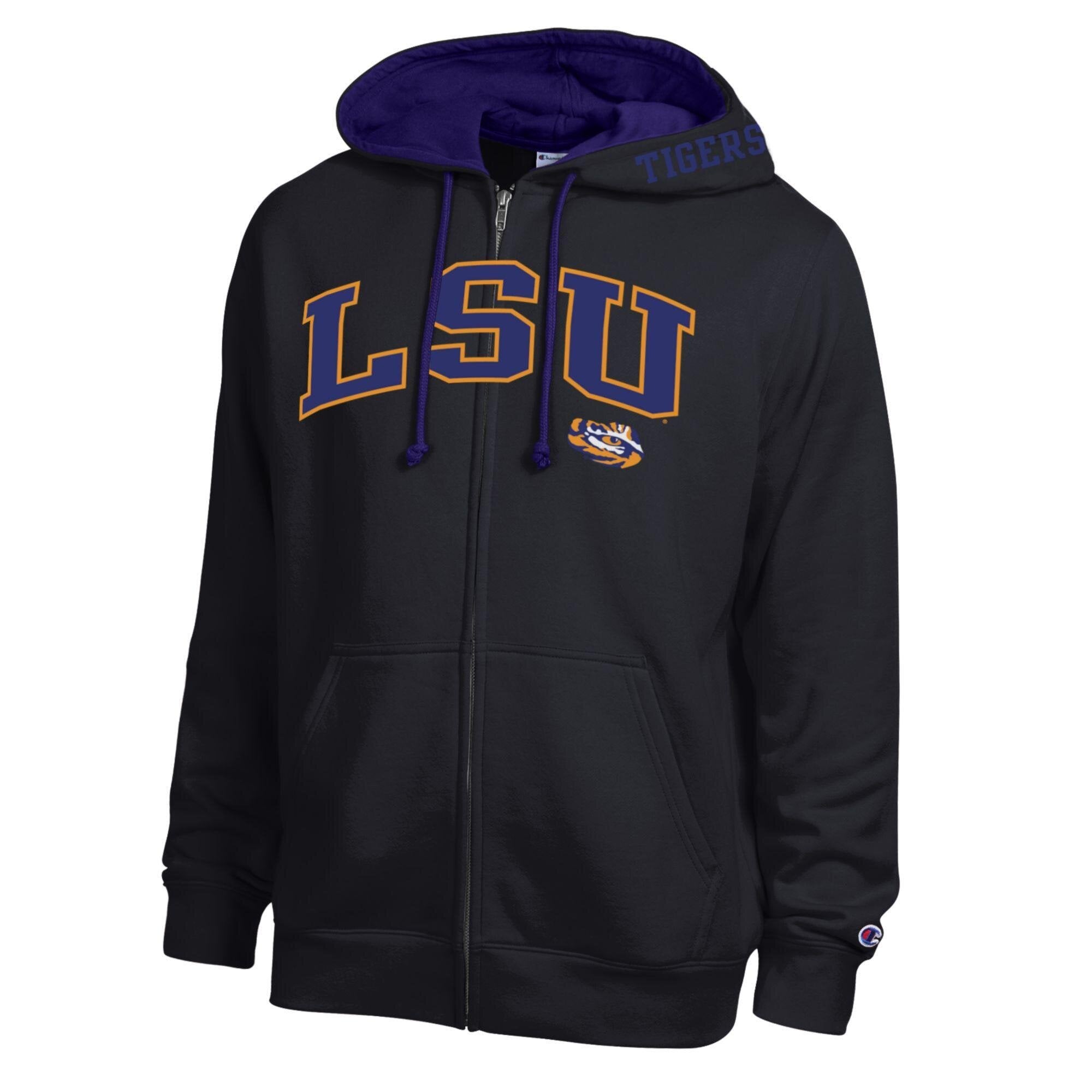 Sweat à capuche zippé en polaire Champion noir pour homme, avec logo LSU Tigers Arch.