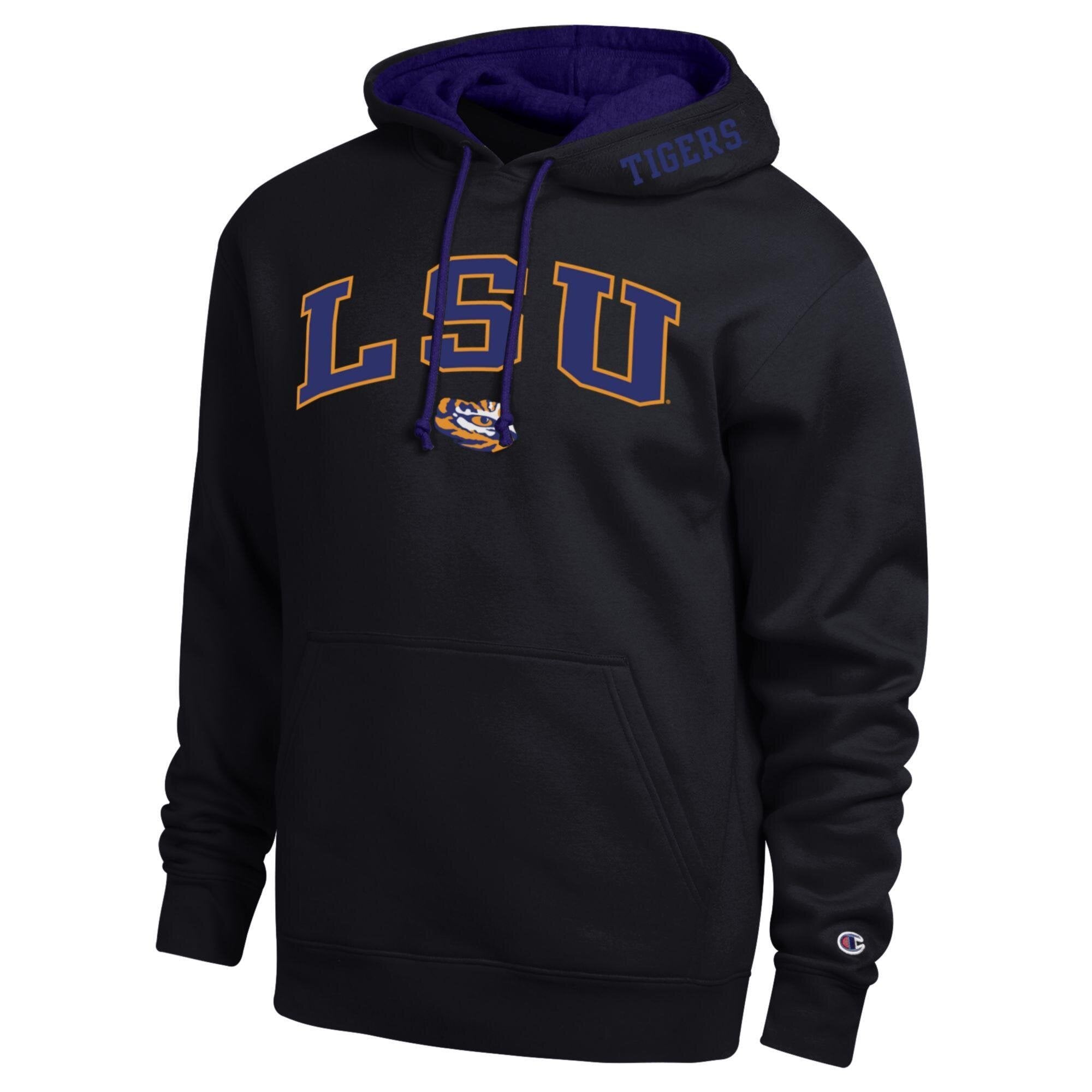 Men's Champion Black LSU Tigers Arch Tackle Twill Hoodie
