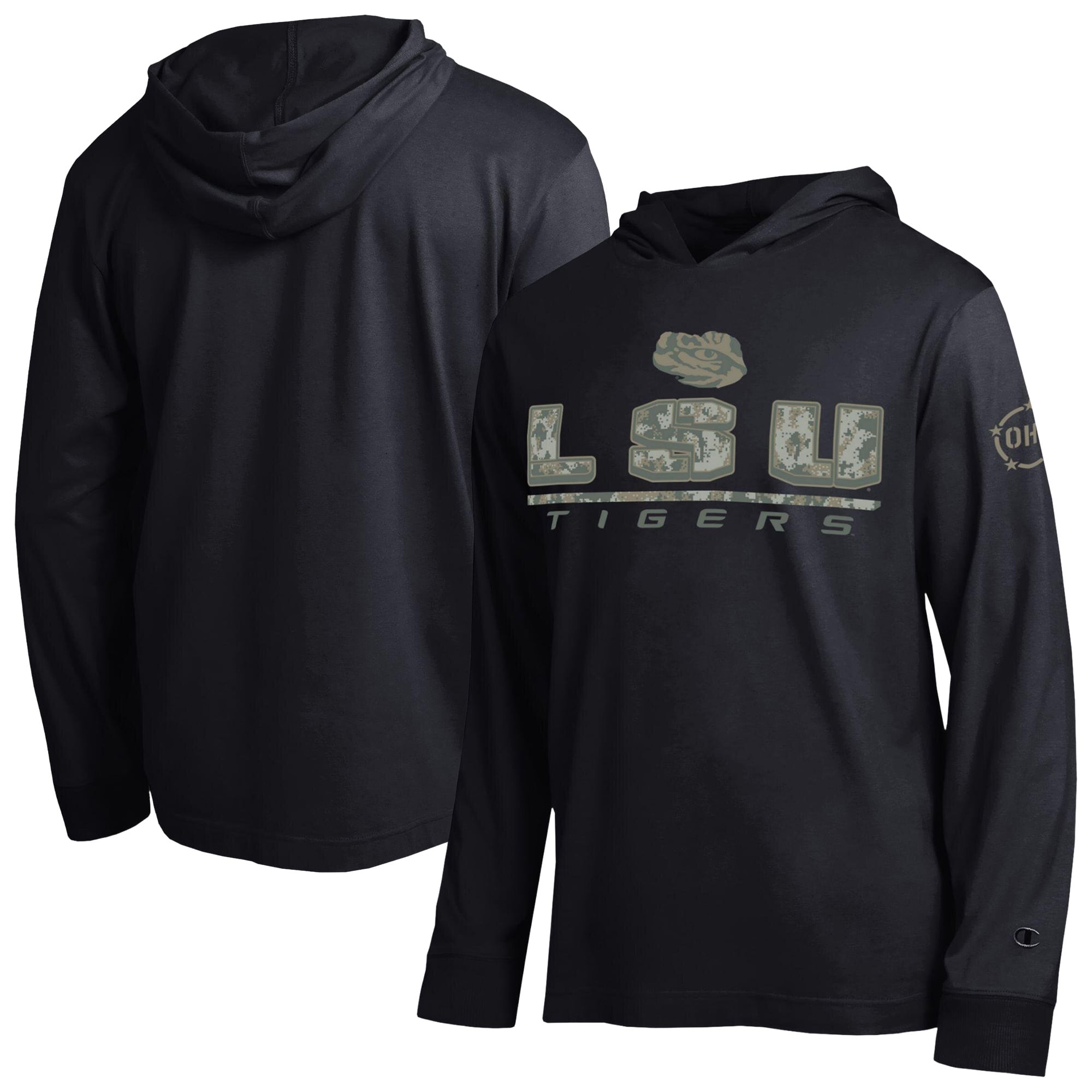 T-shirt à manches longues et capuche Champion Black LSU Tigers Operation Hat Trick Camo Script pour homme