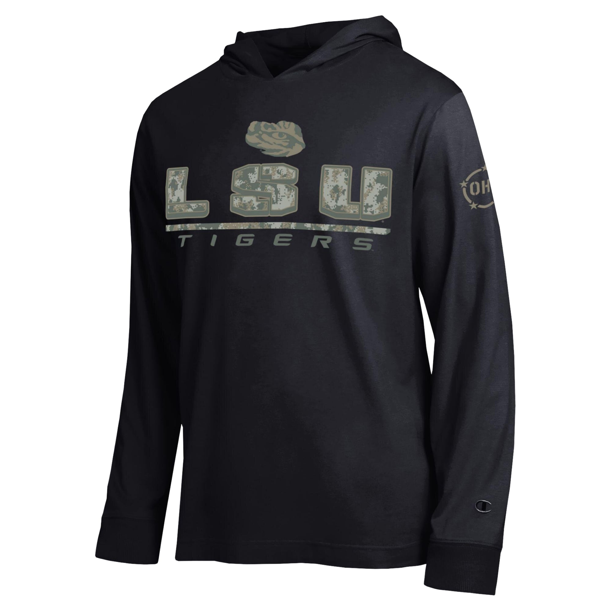 T-shirt à manches longues et capuche Champion Black LSU Tigers Operation Hat Trick Camo Script pour homme