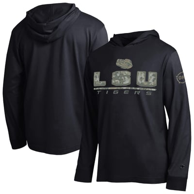  LSU Tigers Champion Operation Hat Trick Camo Script Hooded Long Sleeve T-Shirt - Black