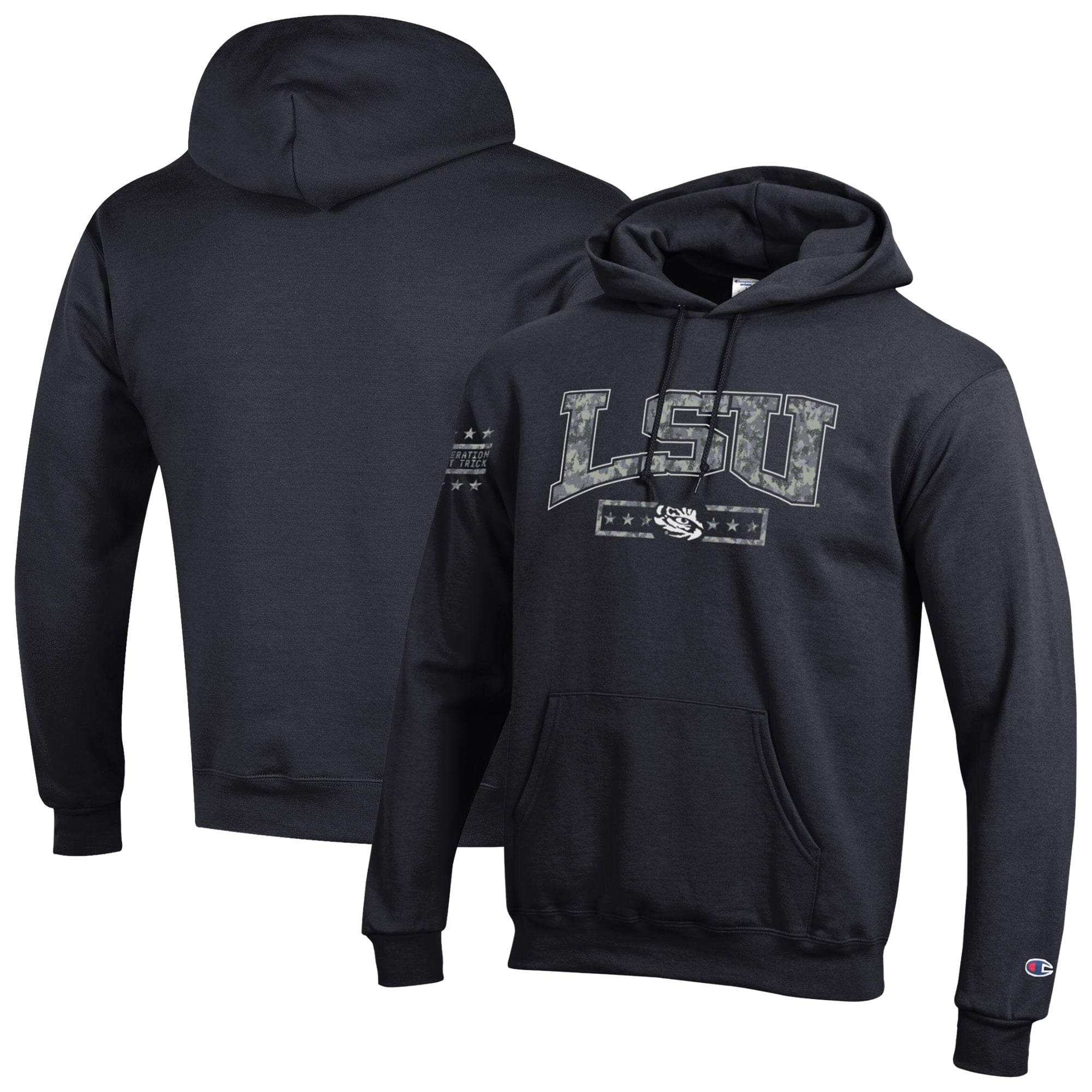 Men's Champion Black LSU Tigers Operation Hat Trick Camo Script Powerblend Fleece Hoodie