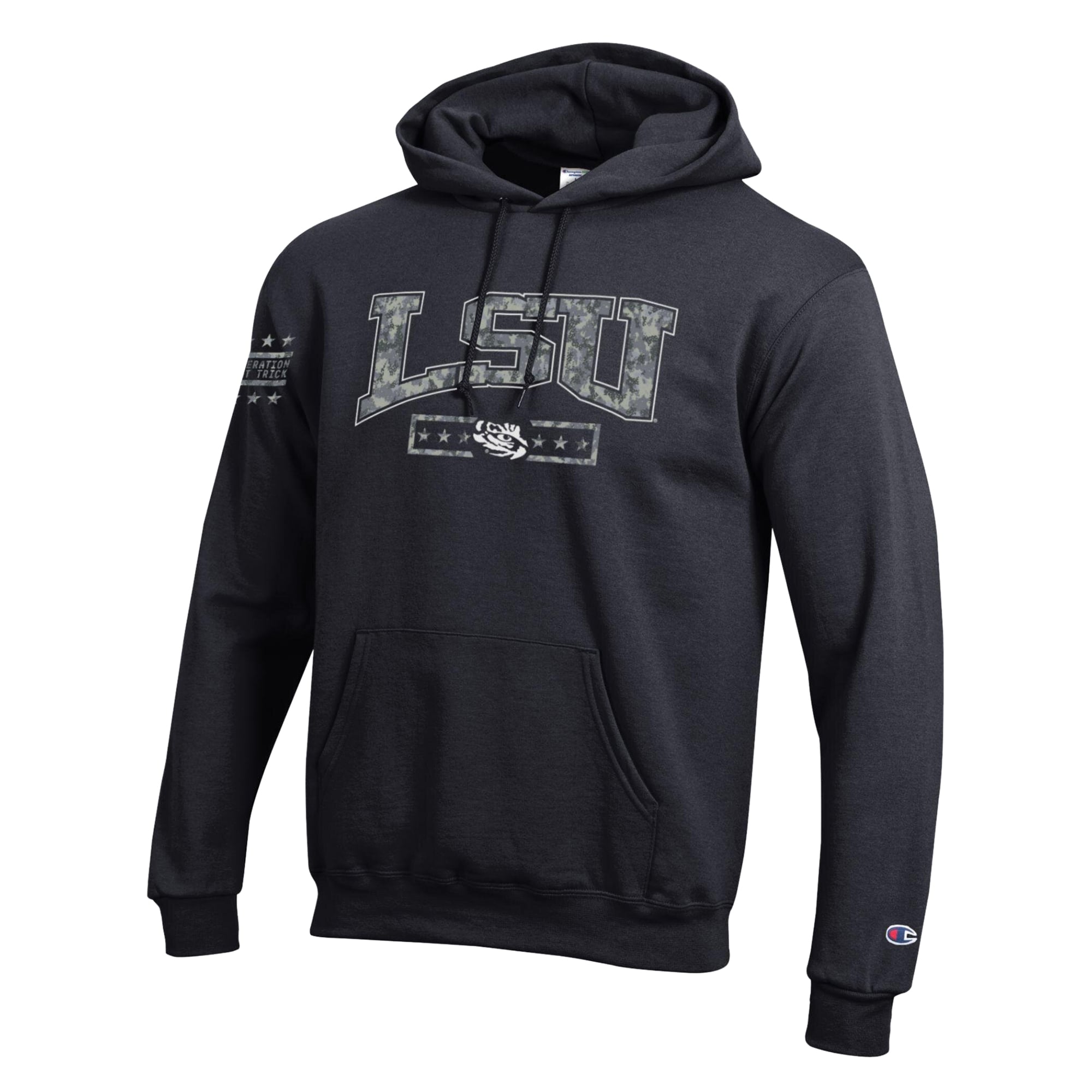 Sweat à capuche en polaire Powerblend noir Champion LSU Tigers Operation Hat Trick Camo Script pour homme