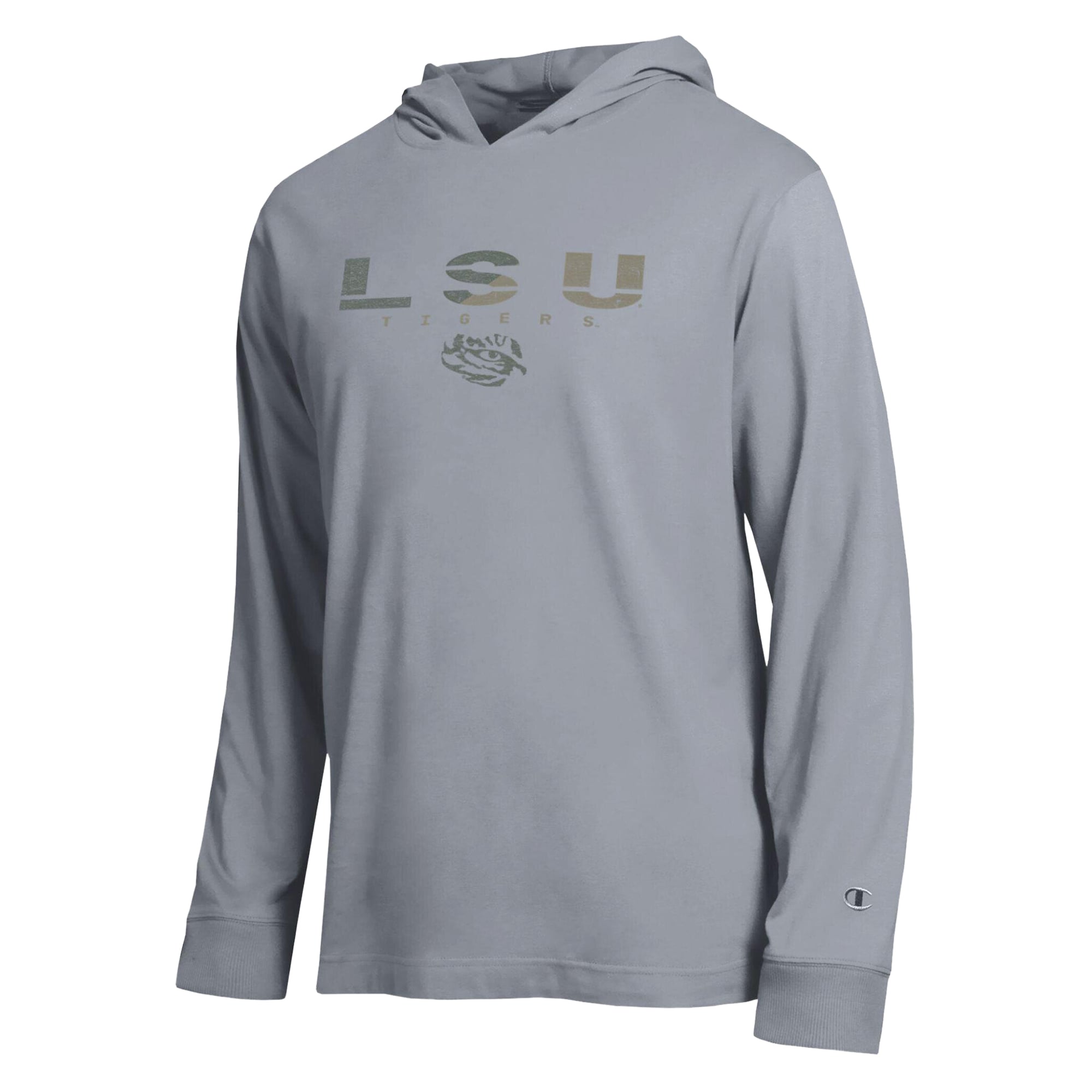 T-shirt à manches longues et capuche Champion pour homme, gris chiné, avec drapeau LSU Tigers Operation Hat Trick