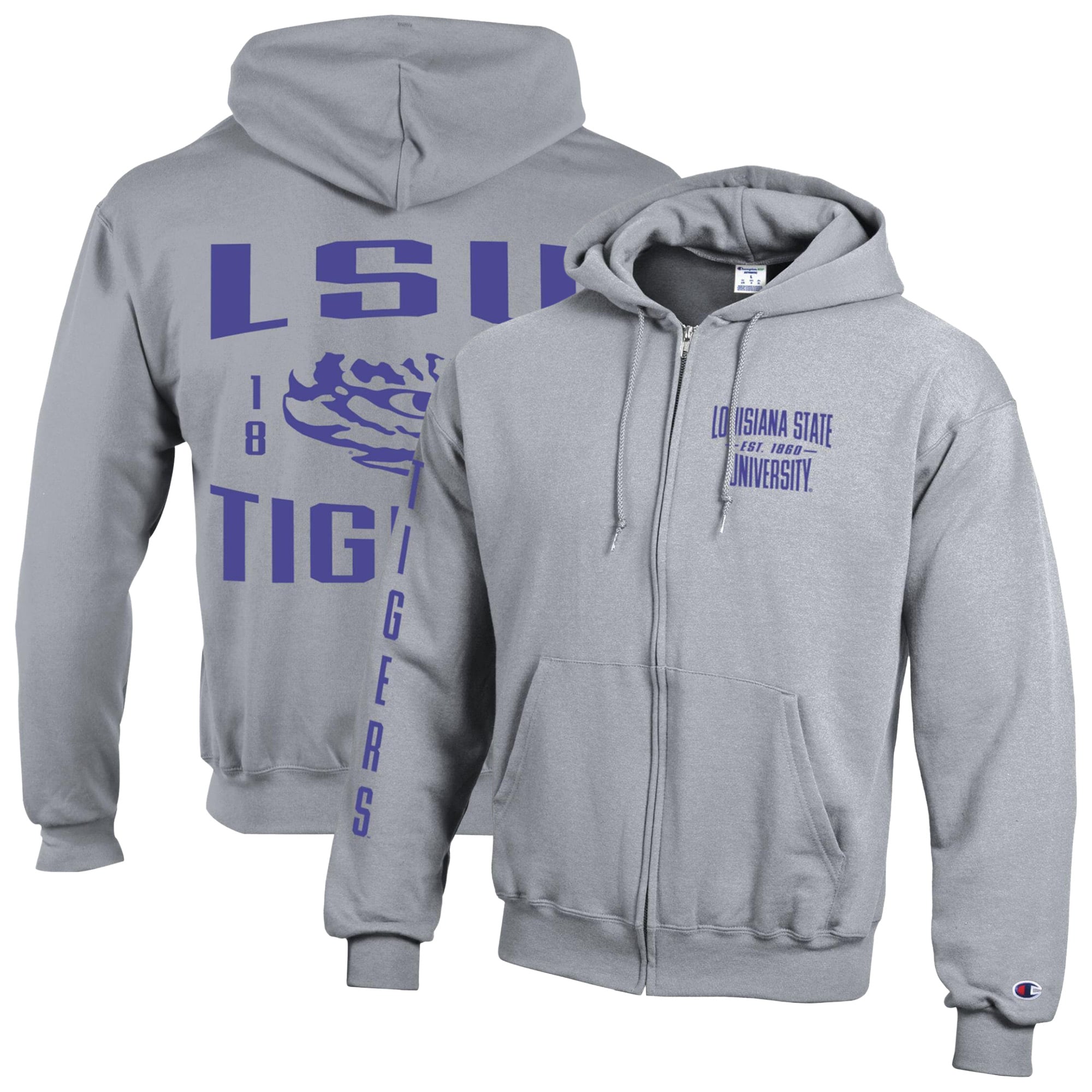 Men's Champion Heather Gray LSU Tigers Varsity Powerblend Full-Zip Fleece Hoodie