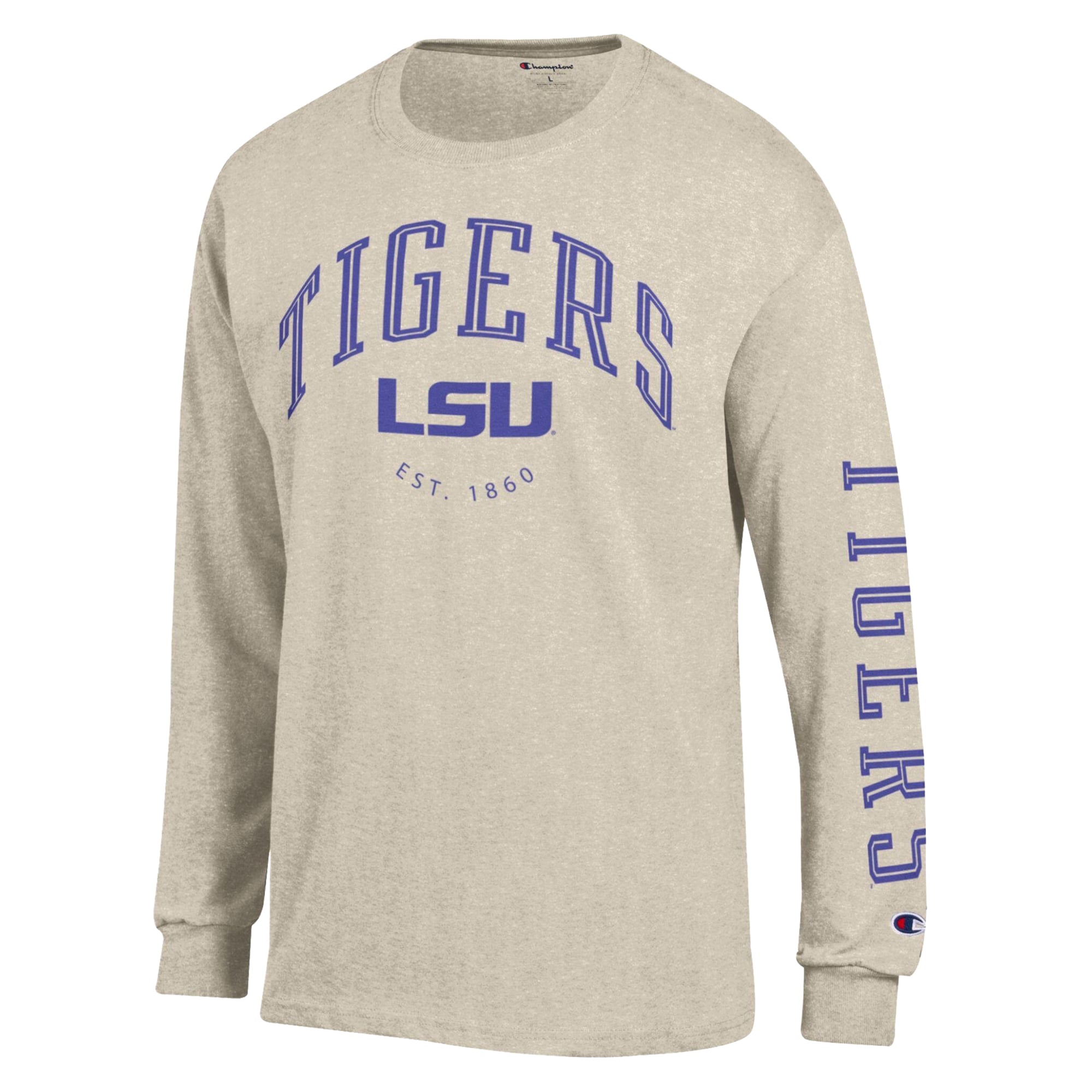 Men's Champion Heather Oatmeal LSU Tigers Neutral Arch Long-Sleeve T-Shirt