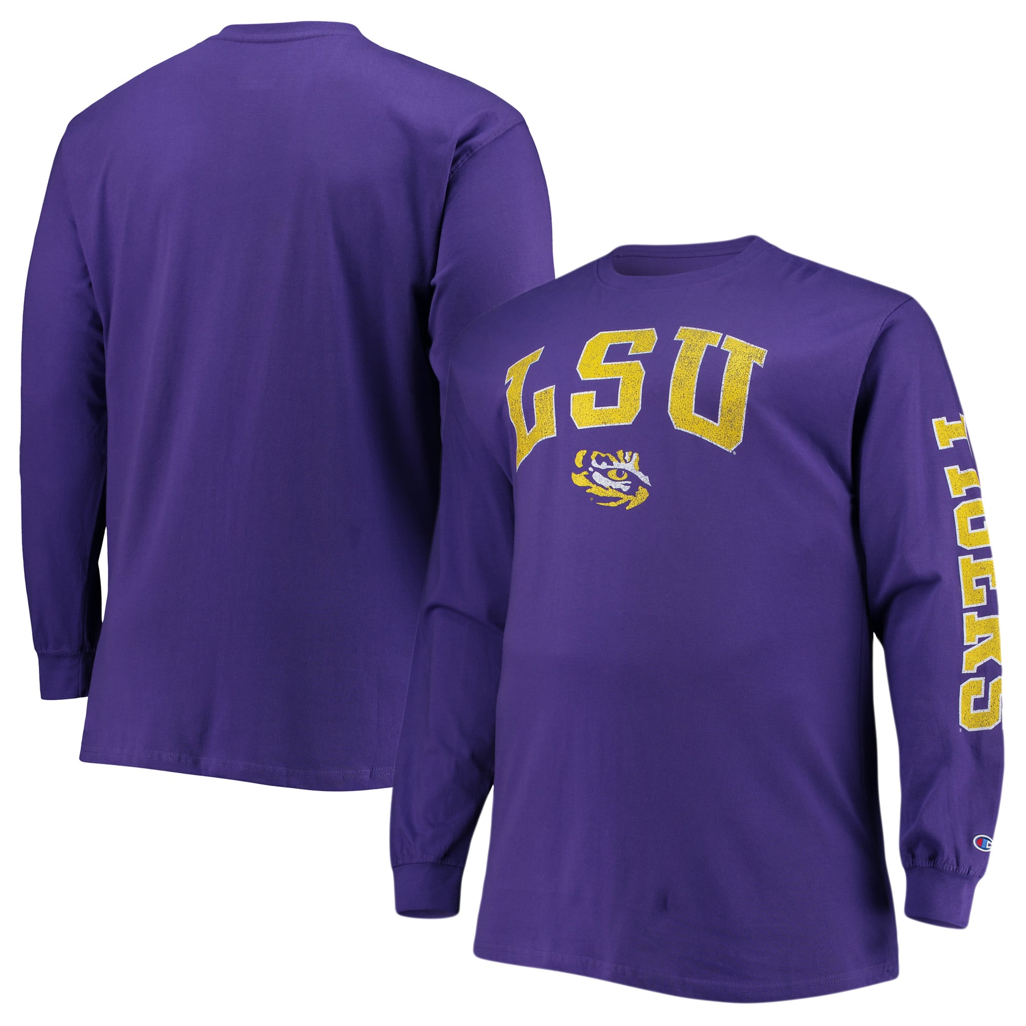 T-shirt à manches longues Champion violet pour homme, grandes tailles, logo Arch Over des LSU Tigers