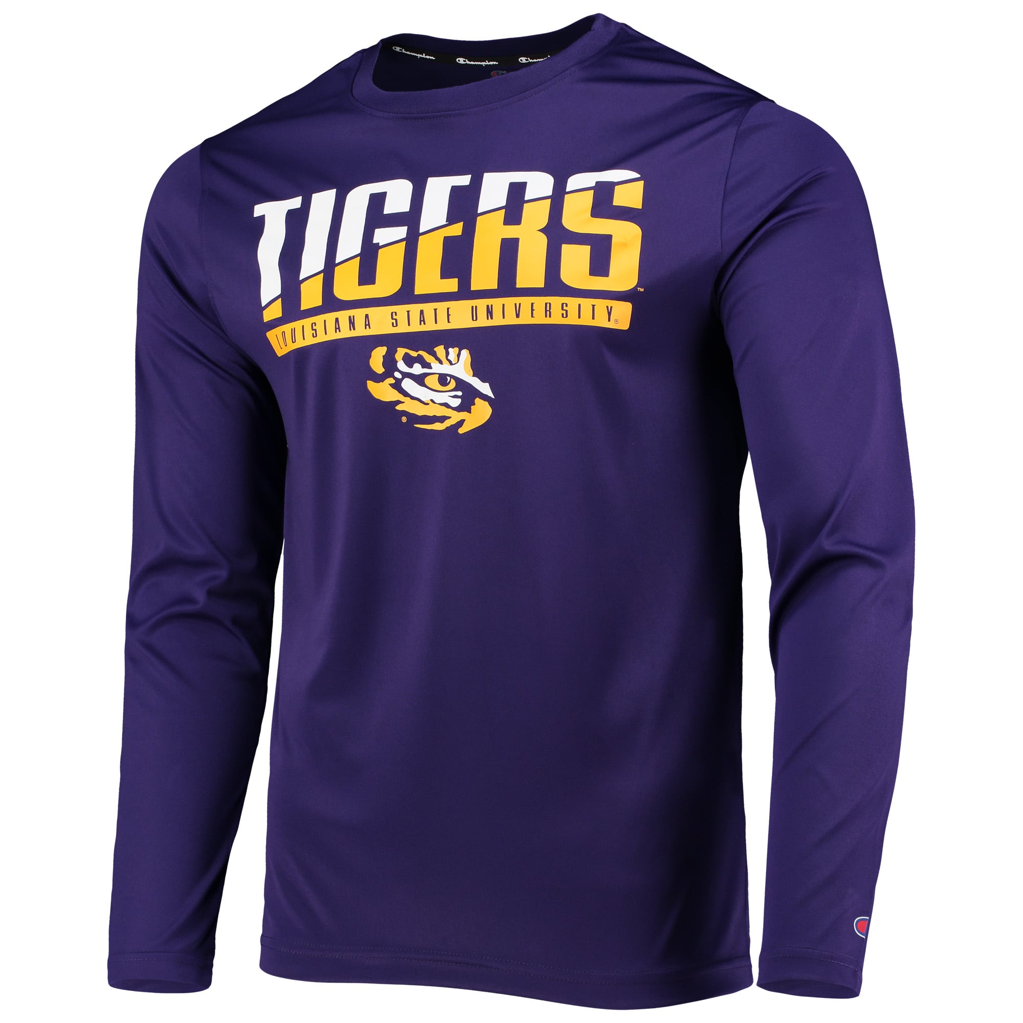 Men's Champion Purple LSU Tigers Wordmark Slash Long Sleeve T-Shirt