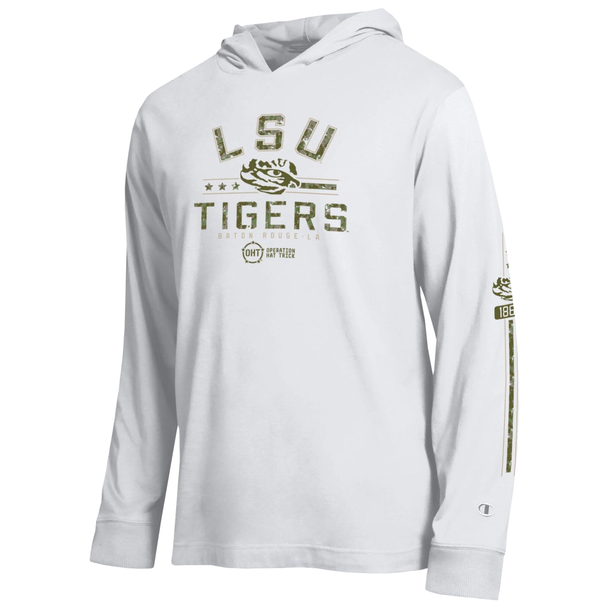 T-shirt à manches longues et capuche Champion White LSU Tigers Operation Hat Trick pour homme