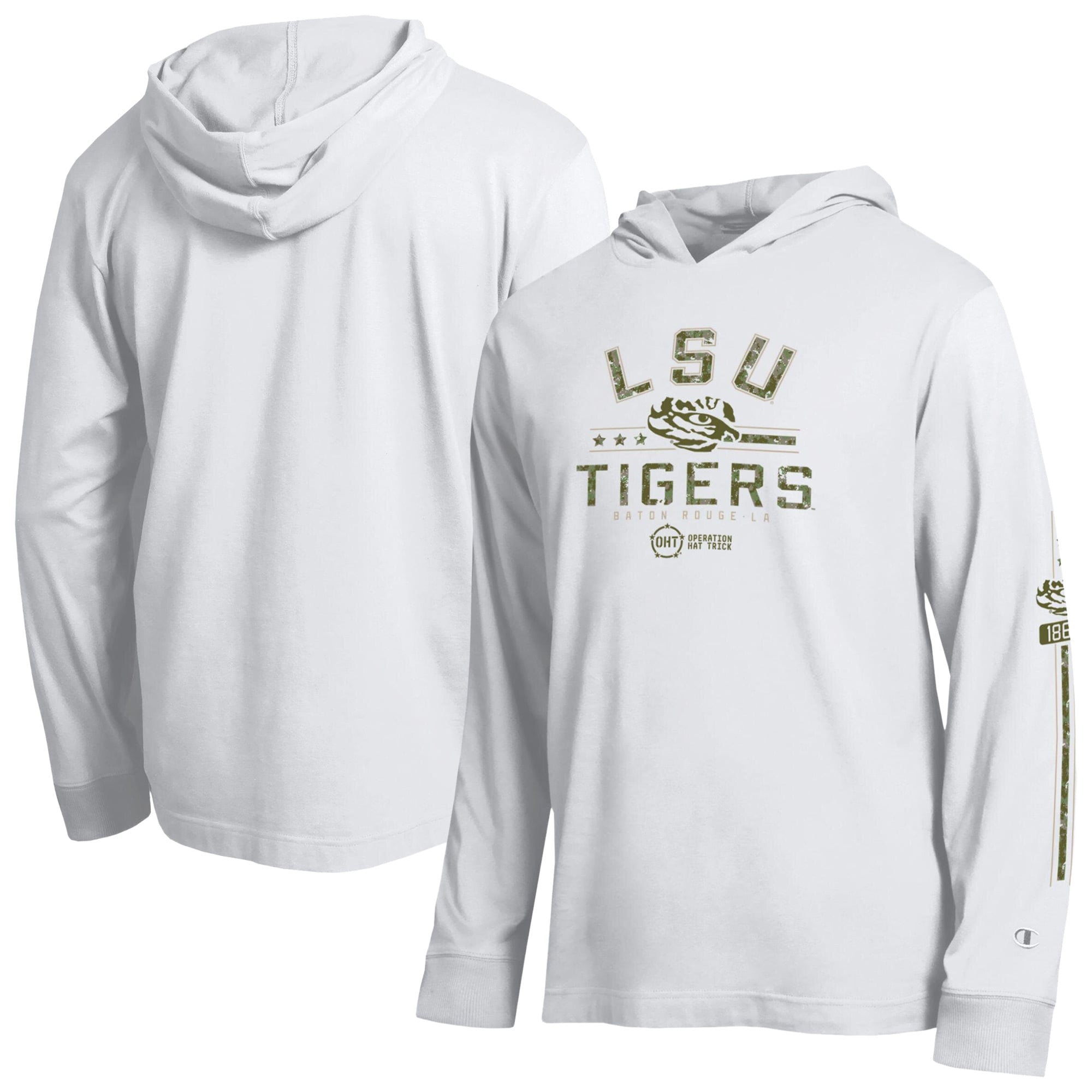 Men's Champion White LSU Tigers Operation Hat Trick Sleeve Line Hooded Long T-Shirt