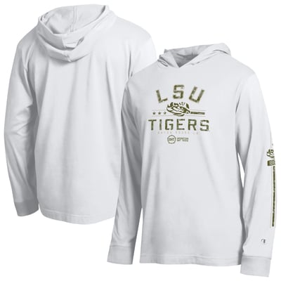  LSU Tigers Champion Operation Hat Trick Sleeve Line Hooded Long Sleeve T-Shirt - White