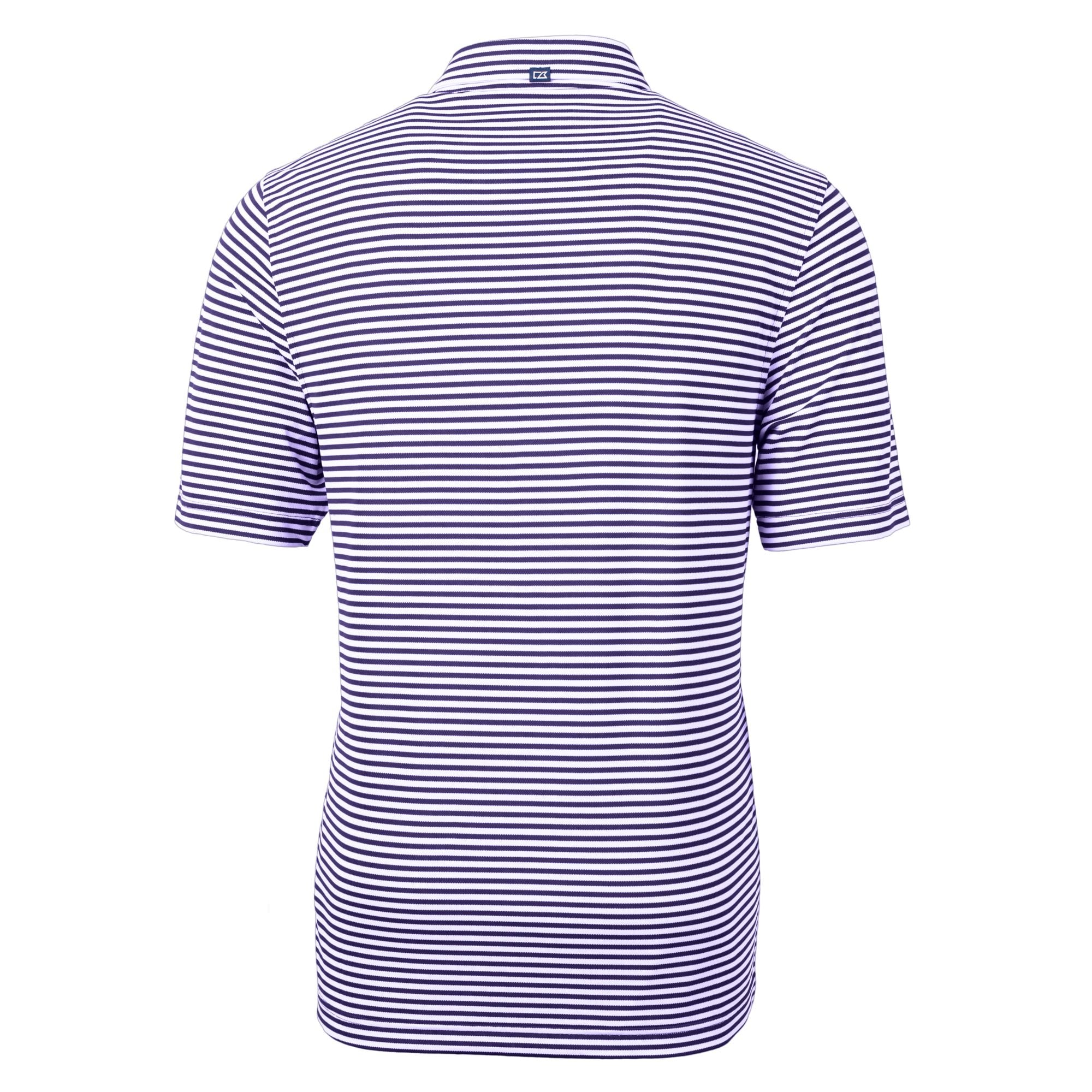 Polo Cutter & Buck violet pour homme, orné du logo des anciens élèves LSU Tigers, en piqué éco-responsable à rayures recyclées.