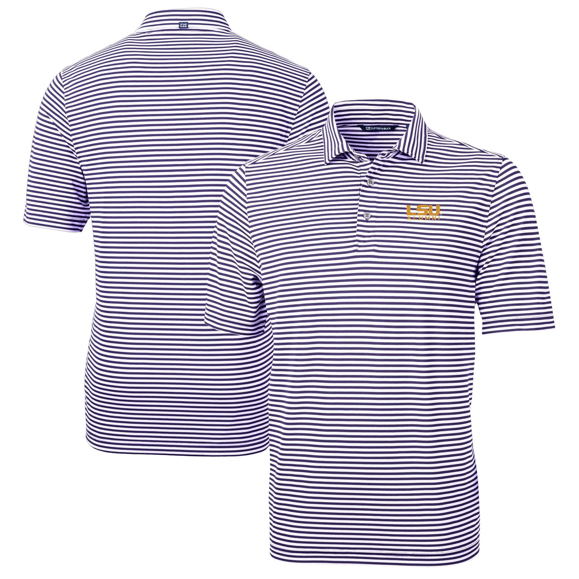 Polo Cutter & Buck violet pour homme, orné du logo des anciens élèves LSU Tigers, en piqué éco-responsable à rayures recyclées.