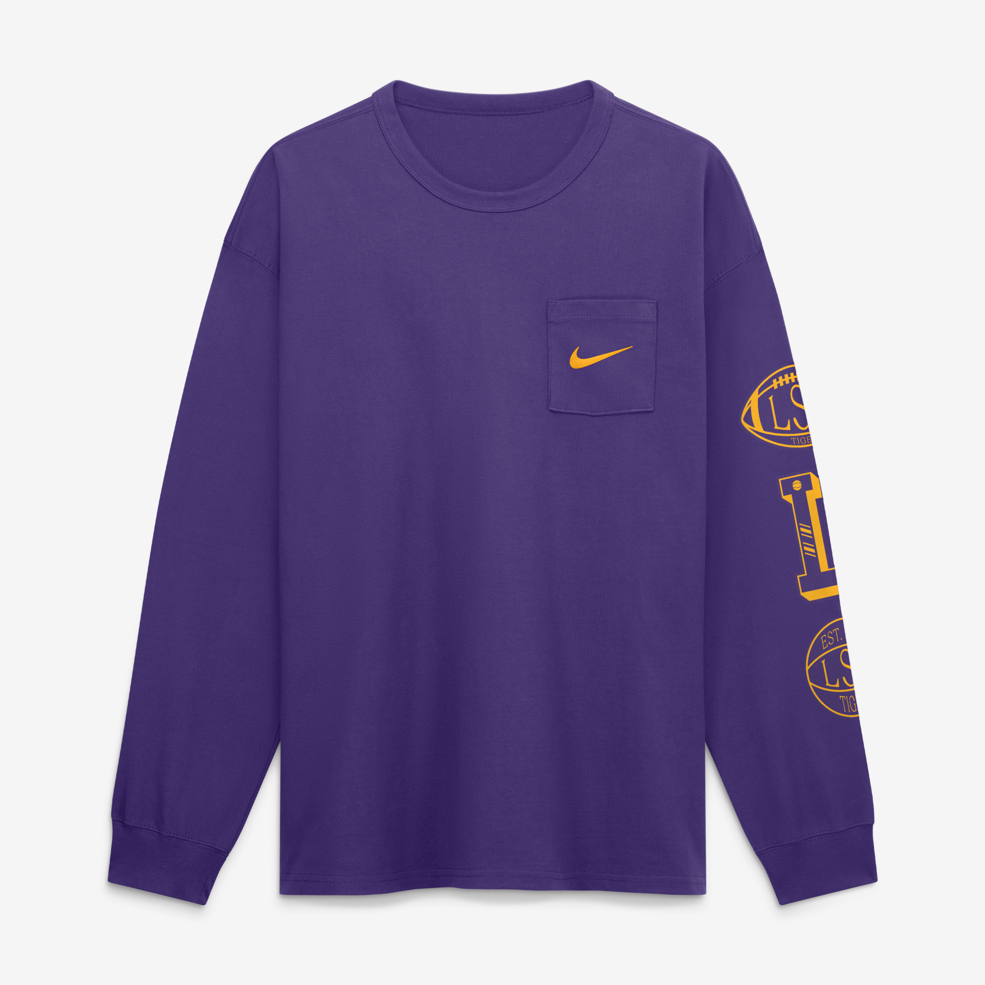 T-shirt à manches longues et poche Nike LSU Tigers pour homme, violet, style académique.
