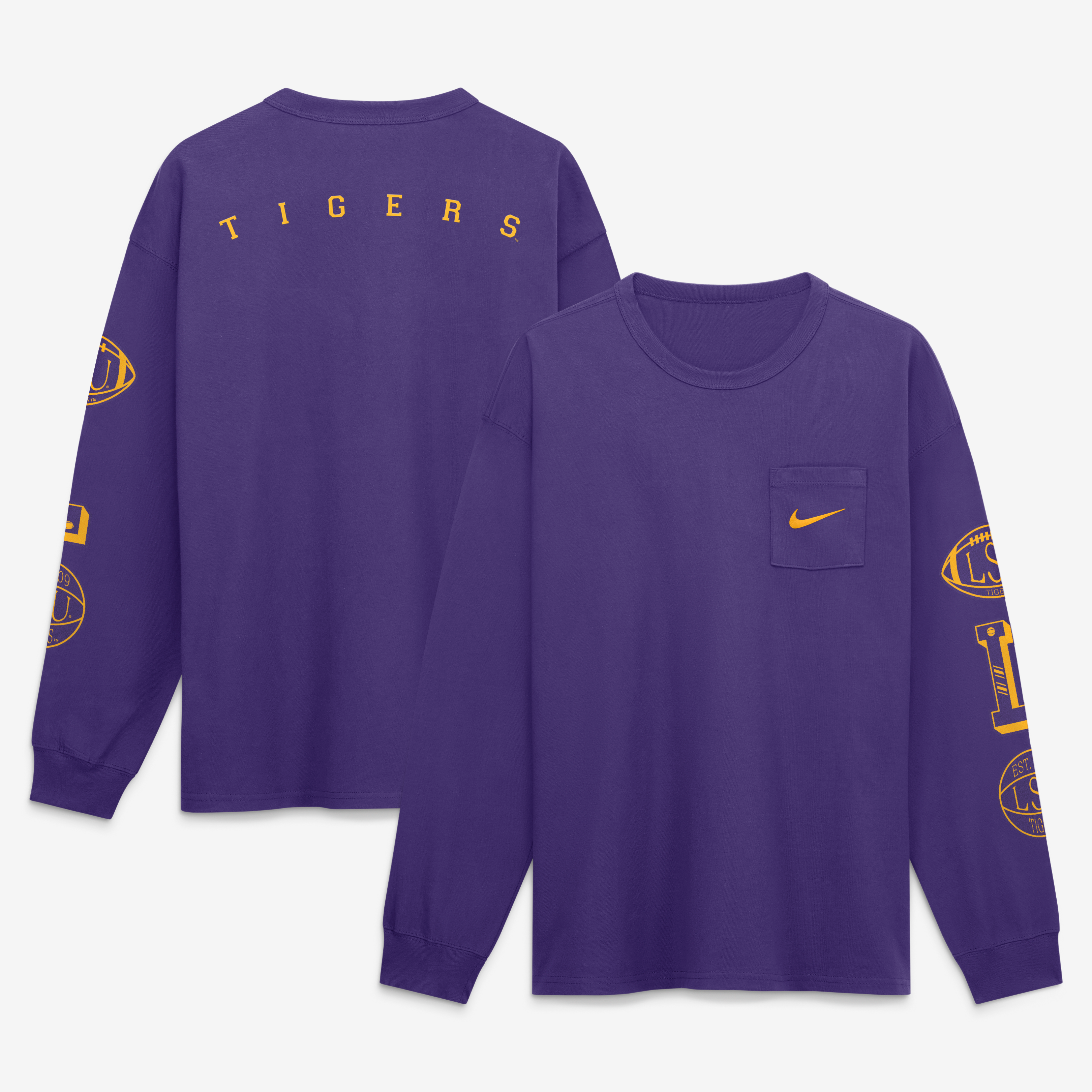 T-shirt à manches longues et poche Nike LSU Tigers pour homme, violet, style académique.