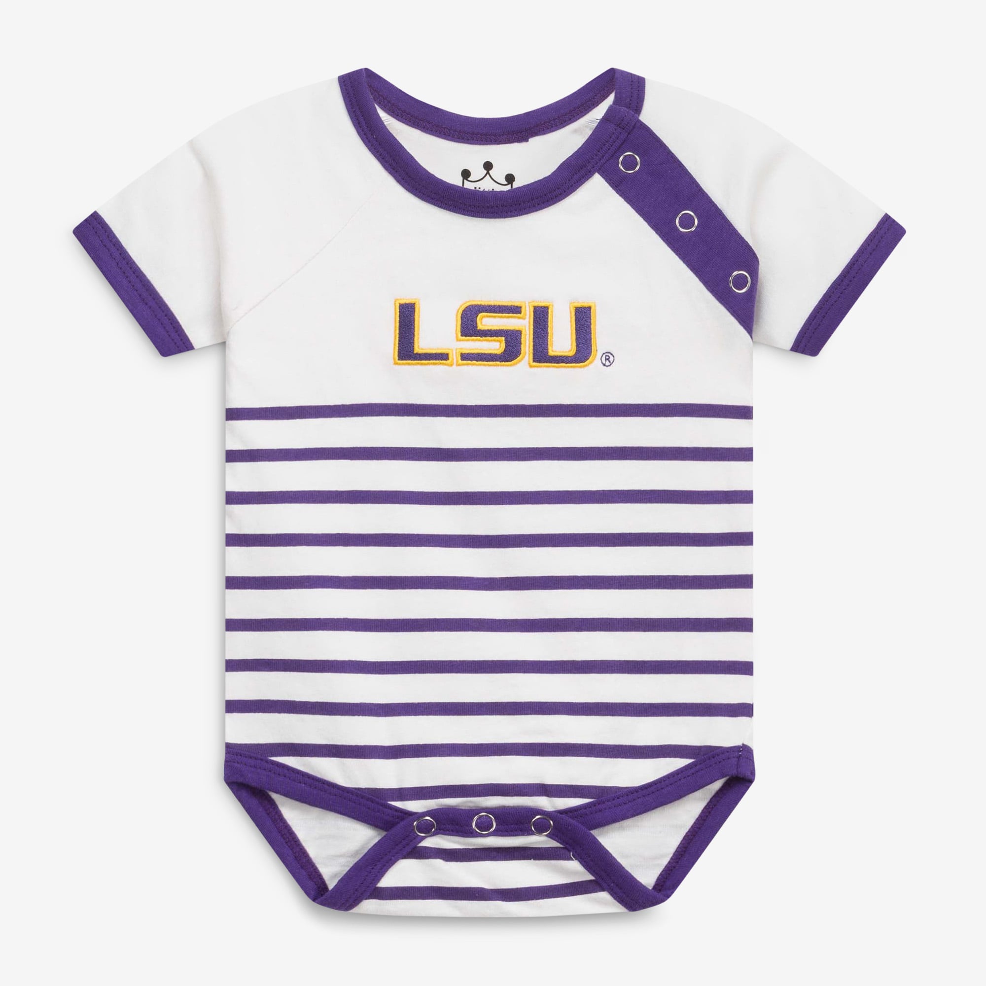 Body bébé Little King violet et blanc à boutons-pression sur les épaules, inspiré des Tigers de LSU