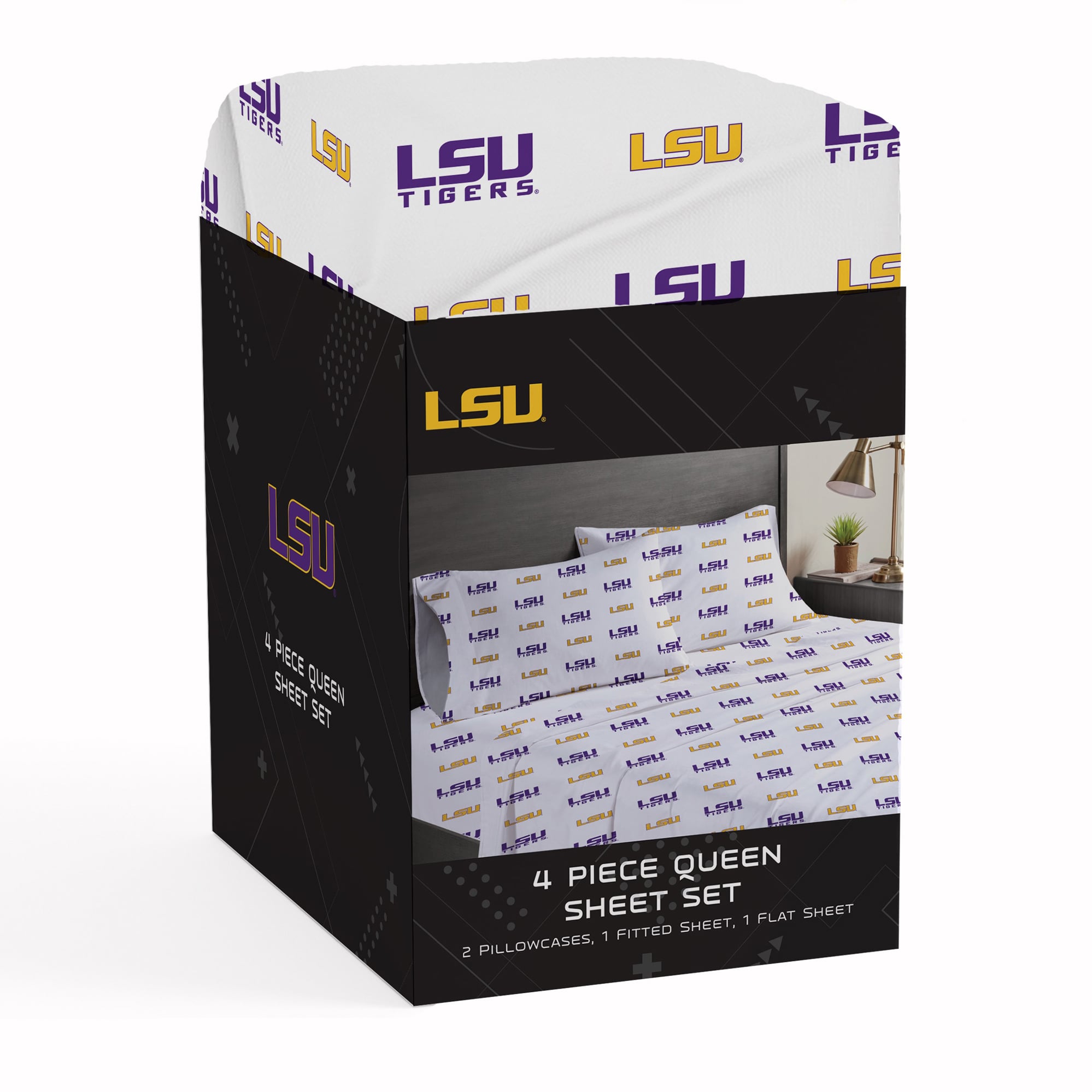 Ensemble de draps quatre pièces Pegasus LSU Tigers pour lit queen