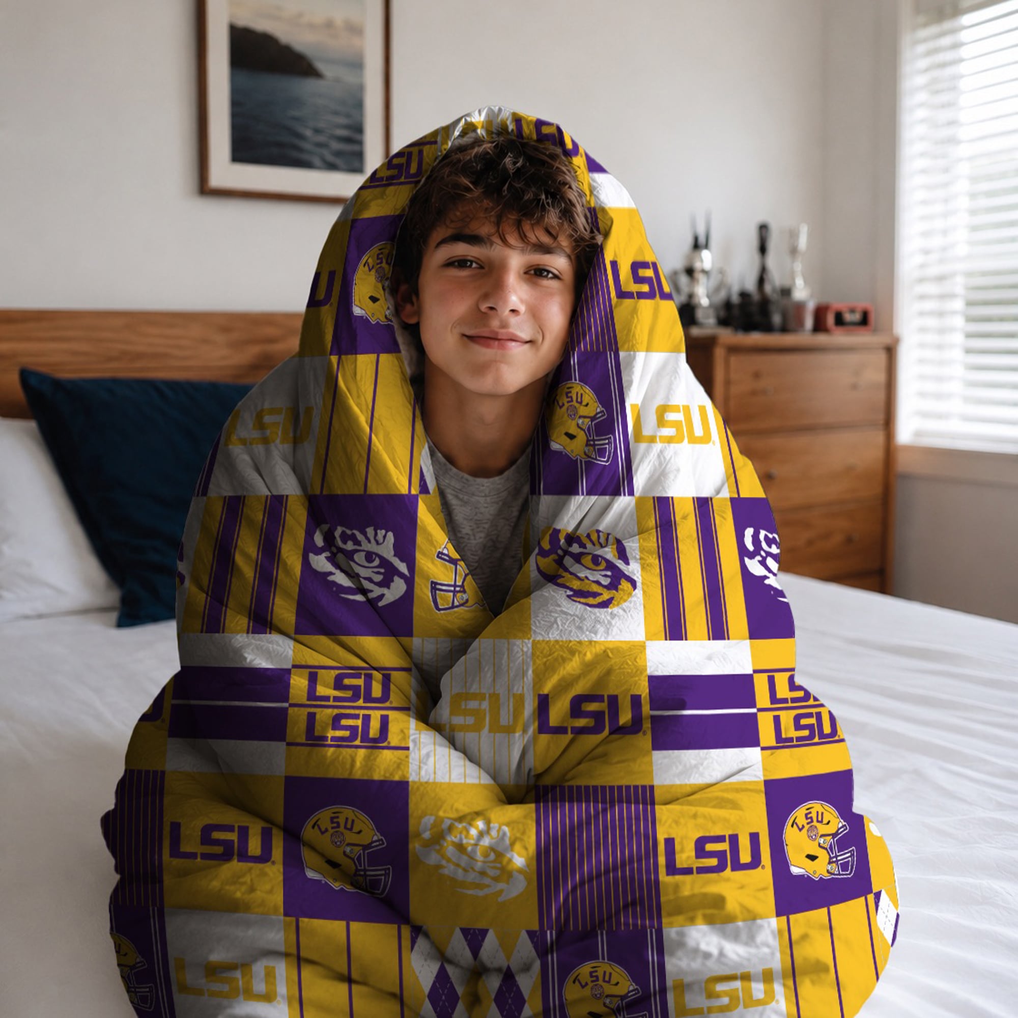 Ensemble de literie trois pièces à carreaux patchwork Pegasus LSU Tigers pour lit double/queen